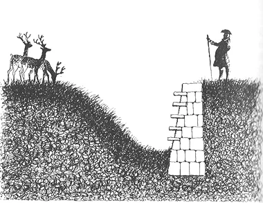 Illustration of a 'ha-ha', a wall that appears shorter than it actually is until seen up-close.