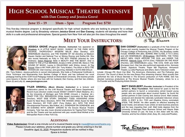 Exciting high school summer intensive coming your way! If you live in southeast MI and are seriously interested in a career in musical theatre, this is the program for you! Check out the details for audition info! @maasconservatory