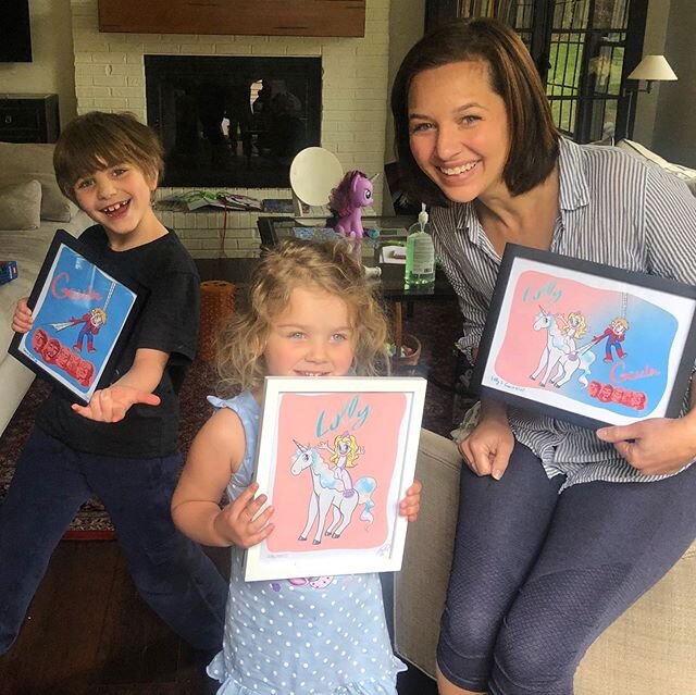 Thank you @drawnbytaylor8 for the PERFECT artwork! @raychlann delivered them yesterday and we were all thrilled! #spiderman #unicorns  #gavinandlolly