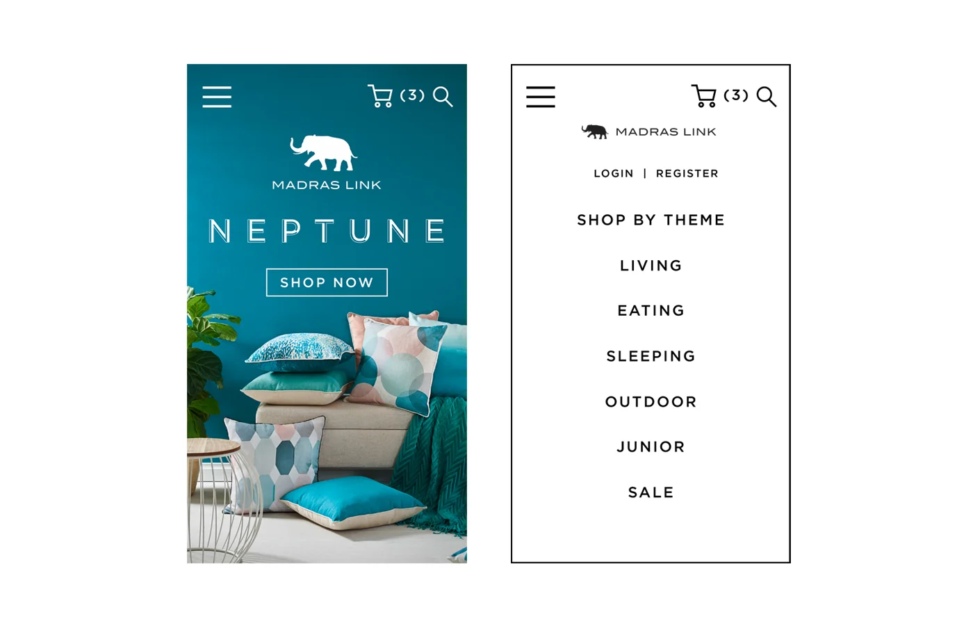 The mobile version includes a slide menu function as well as quick access to the shopping cart and search function.