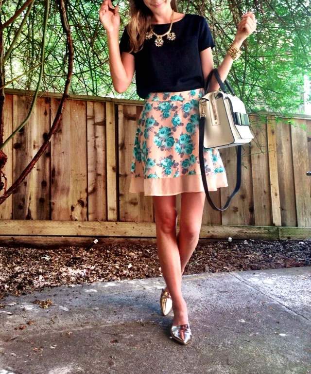 Top; J.Crew Factory. Skirt: Target, Exhilaration. Bag: Kate Spade Kennedy Beau Bridge (Sold Out) via Tjmaxx. Shoes: Chinese Laundry