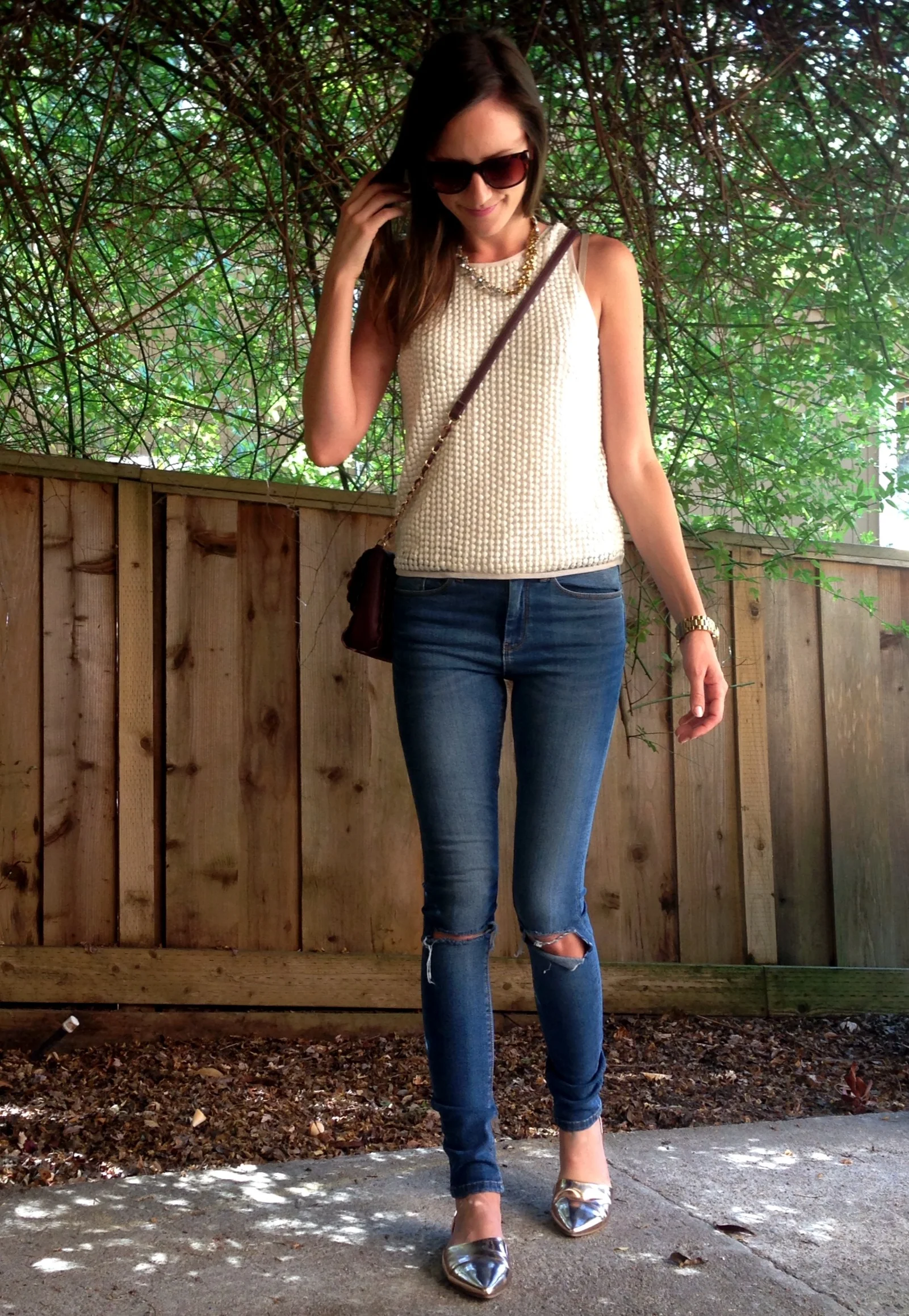 Shop the Look Below. Top: ASOS. Jeans: ASOS. Bag: ASOS. Shoes: Chinese Laundry. Necklace: Accessory Jane. Watch: Michael Kors