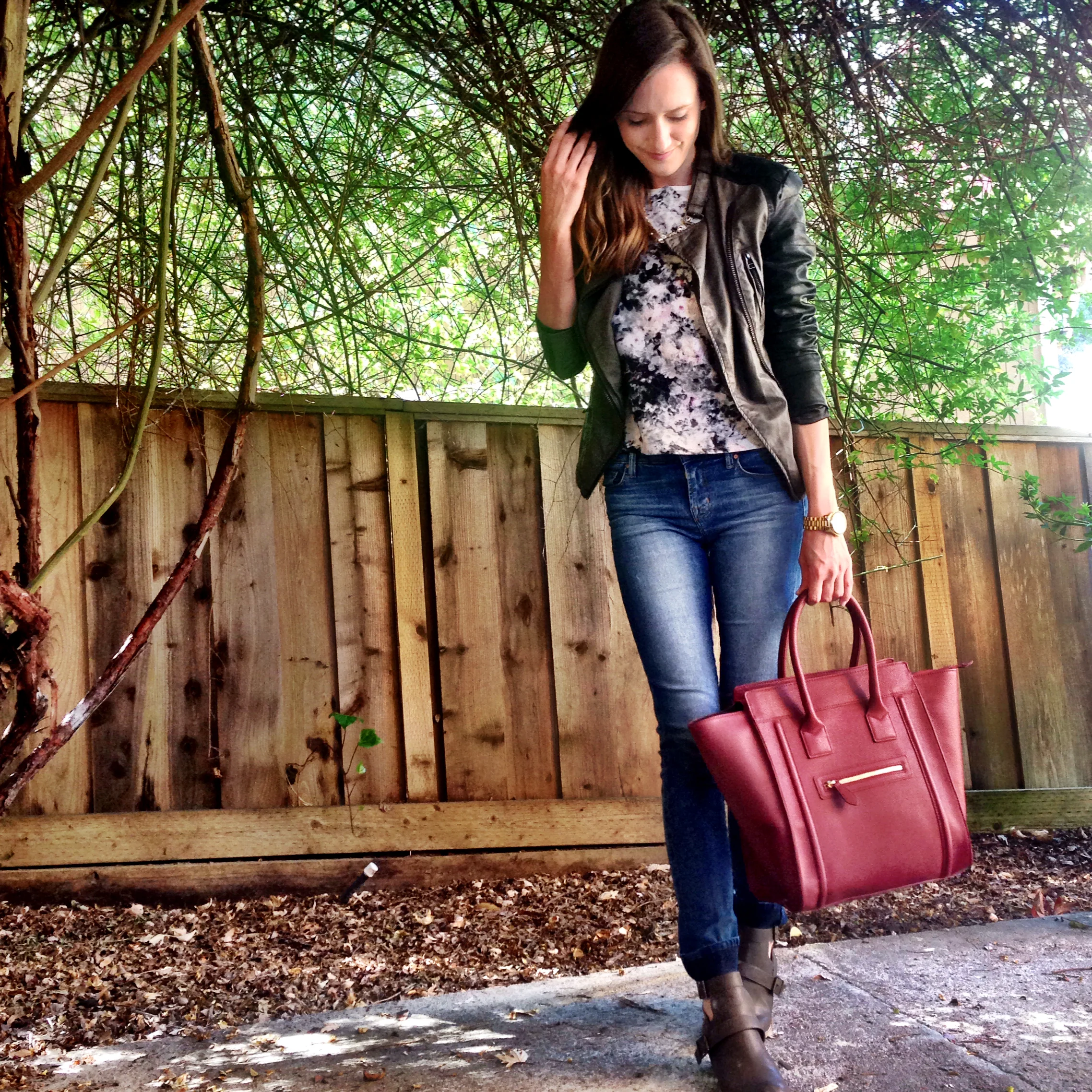 Shop the Look Below. Jeans: Jbrand. Top: ASOS. Bag: Forever21. Boots: Abound via Nordstrom Rack. Jacket: Blanknyc via Tjmaxx. Necklace: Jcrew. Watch: Michael Kors.