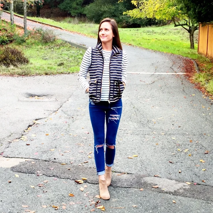 Shop the Look Below. Vest: Jcrew (see similar below) Top: Local Department Store (brand is Timing) Jeans: ASOS. Shoes: Dolce Vita via Marshall's. Necklace: Benevolent Jewels. 