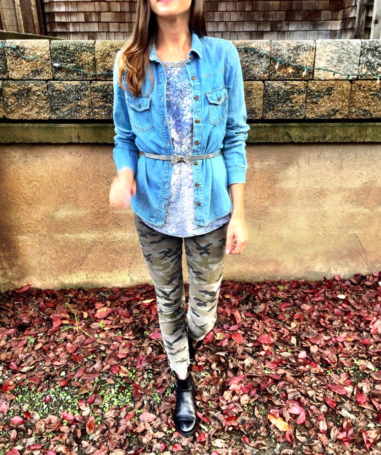 Shop the Look Below. Top: Marshall's. Pants: Rich and Skinny. Chambray: Forever21. Belt: Target. Shoes: Marshall's. 