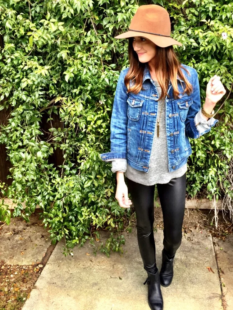 Shop the Look Below. Sweater: Stitch Fix, see similar below. Jacket: J.Crew Factory. Leggings: ASOS. Hat: Target. Shoes: Nine West, see similar below. Necklace: Stella & Dot. Watch: Michael Kors