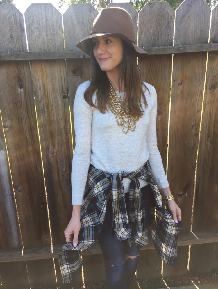 Shop the Look Below. Plaid Shirt: c/o Blush Boutique. Jeans: c/o Blush Boutique. Sweater: Loft. Necklace: Bauble Bar. Hat: Target