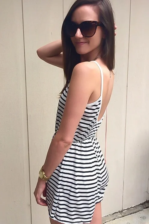 Shop the Look Below. Romper: c/o SheIn. Shoes: Old Navy. Sunglasses: c/o Lola Accessory Boutique. Watch: Michael Kors. 