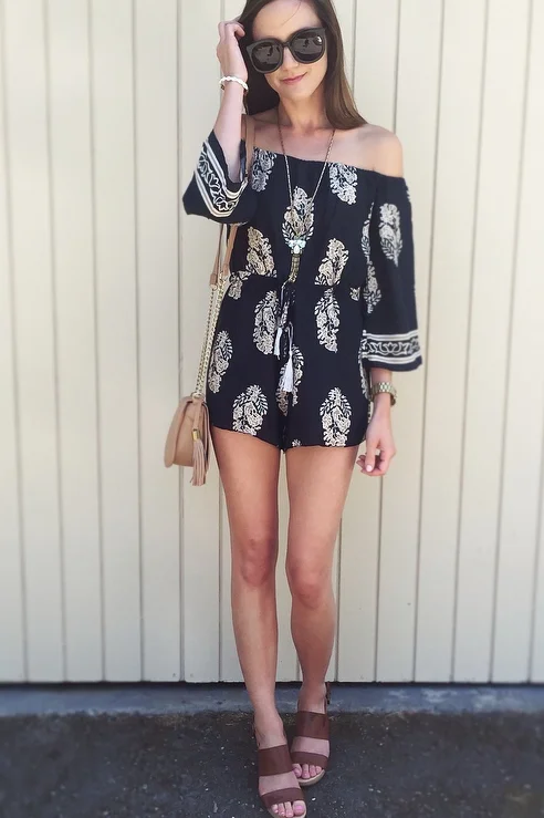 Shop the Look Below: Romper: c/o SheIn. Bag: Forever 21. Necklace and Bracelet: c/o BaubleBar. Shoes: Old Navy. Sunglasses: Karen Walker via DITTO c/o. 