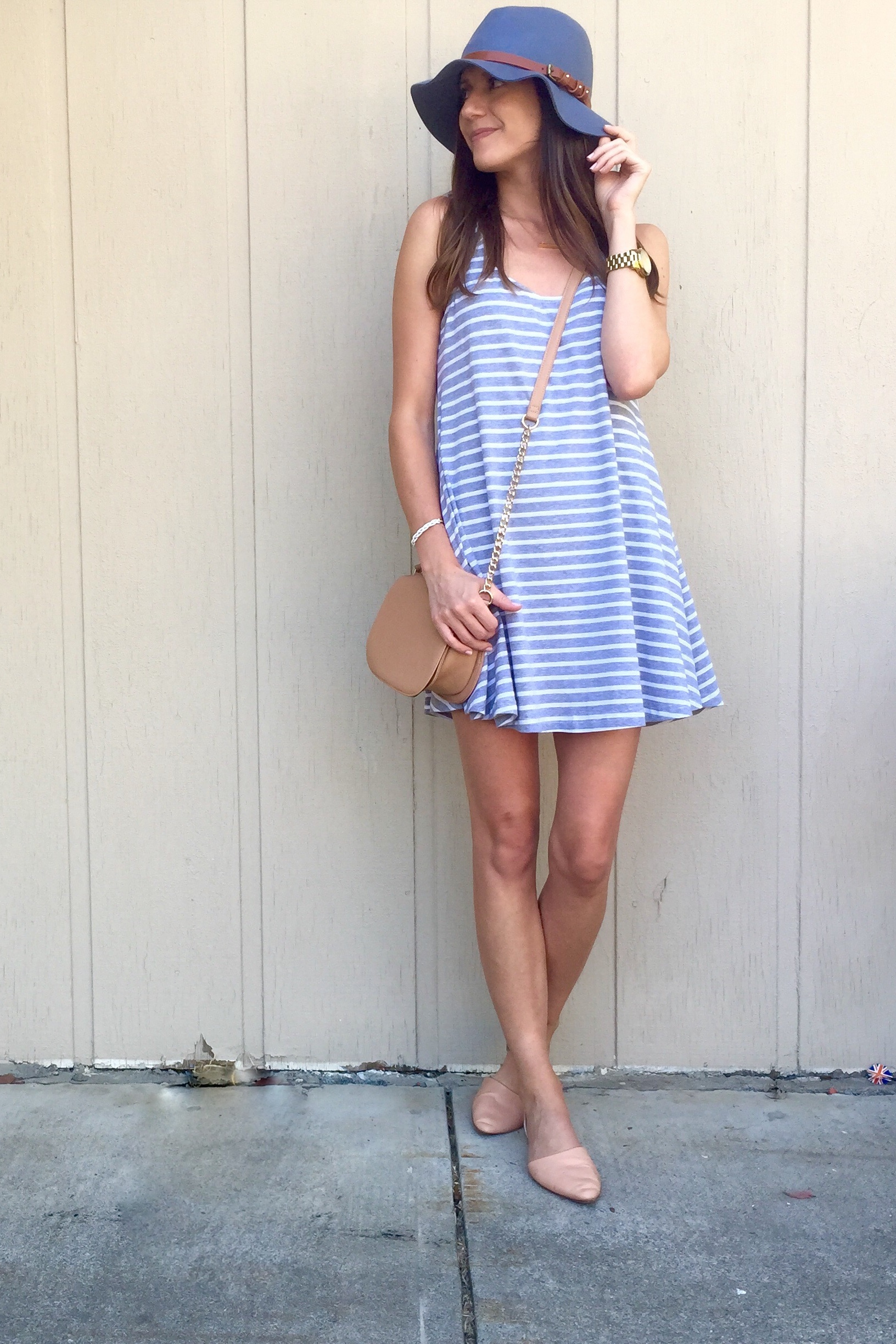 Shop the Look Below. Dress: c/o SheIn . Shoes: Old Navy . Bag: Forever 21 . Hat: Theodora & Callum in Frost Grey via TJ Maxx. Necklace and Bracelet : c/o BaubleBar. Watch: Michael Kors -On Clearance!! 