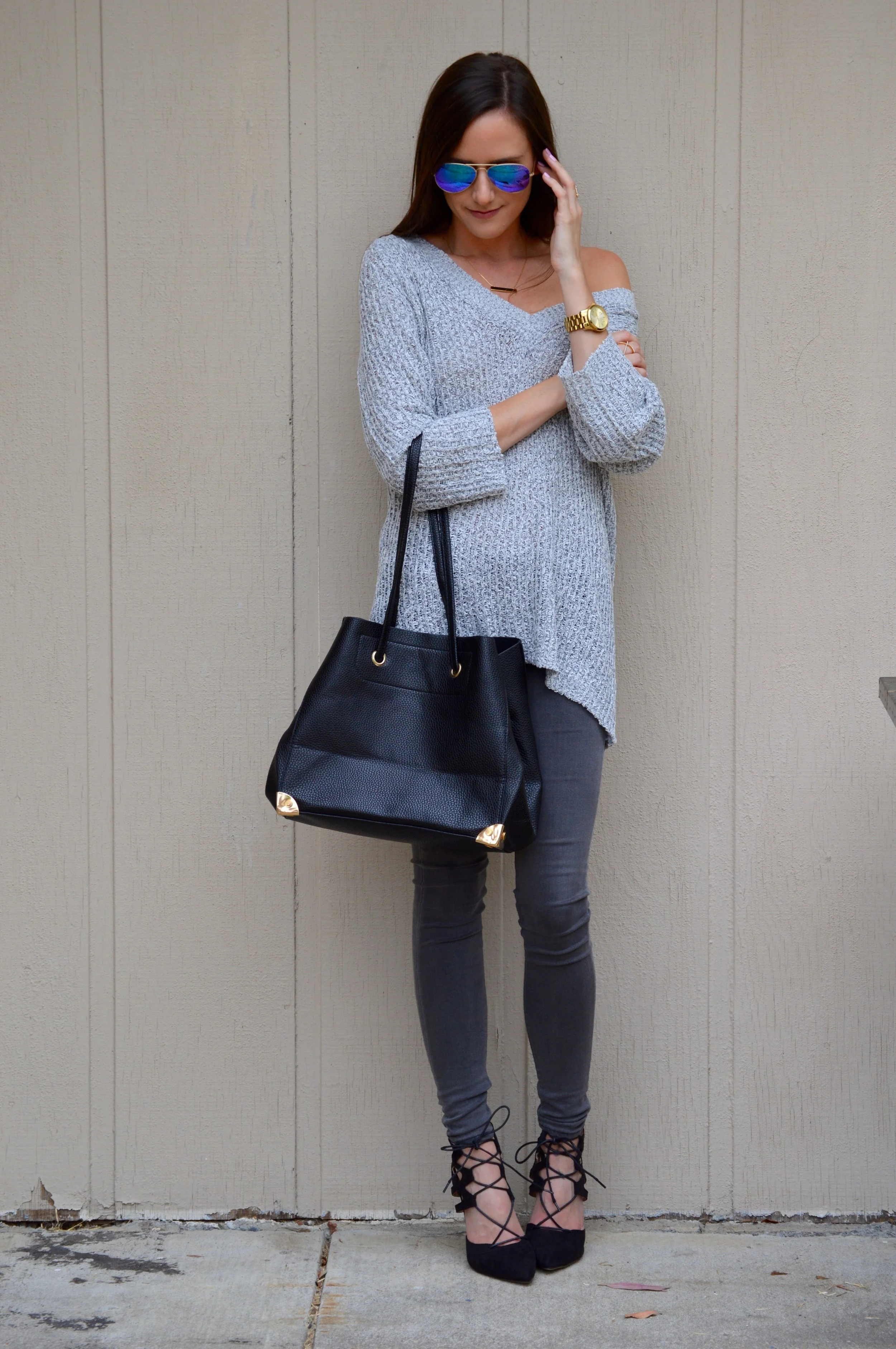 Shop the Look Below. Sweater: c/o Lookbook Store--sold out, but similar here and here . Jeans: AG (sold old) similar here . Shoes: c/o Sheinside . Bag: c/o Lookbook Store . Watch: Michael Kors . Sunnies: Old. See similar here and here and here for $12! . Ring: c/o BaubleBar . Necklace: c/o BaubleBar --currently on waitlist, but similar here. 