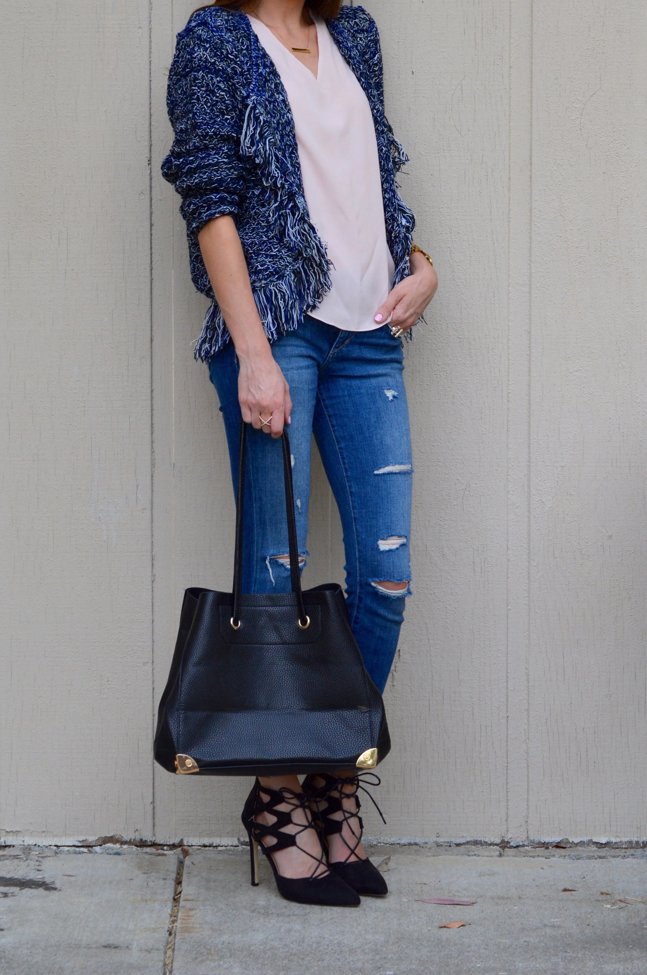 Shop the Look Below. Jacket: c/o Lookbook Store . Jeans: Joe's. Shoe: c/o SheIn . Top: Revolve . Bag: c/o Lookbook Store . Sunglasses: Old--see similar here and here (for $12!) Watch: Michael Kors . Necklace: c/o BaubleBar --waitlisted, but similar here . 