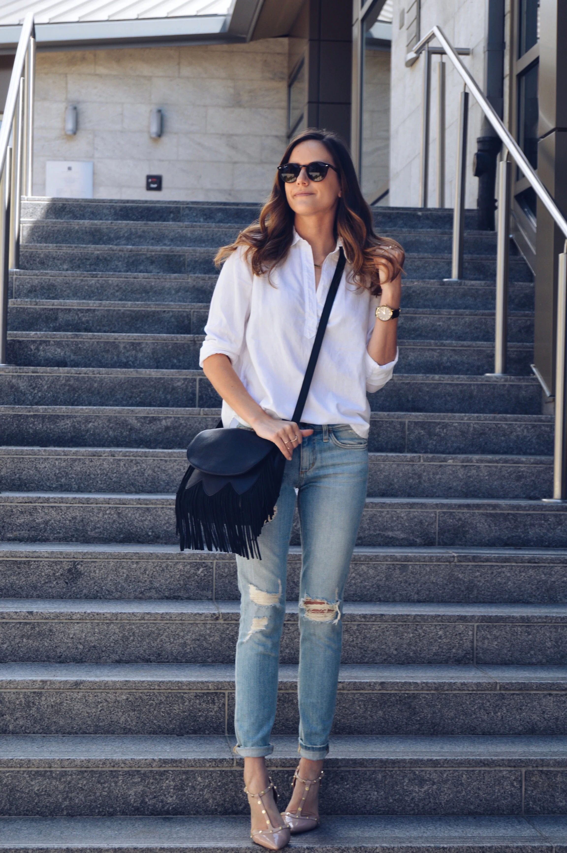 Shop the Look Below. Top: c/o Lou & Grey . Jeans: Joe's . Shoes: Nordstrom . Bag: c/o Sole Society . Rings: c/o BaubleBar (see all below). Sunglasses: Ray-Ban . Watch: Marc Bale c/o The Peach Box