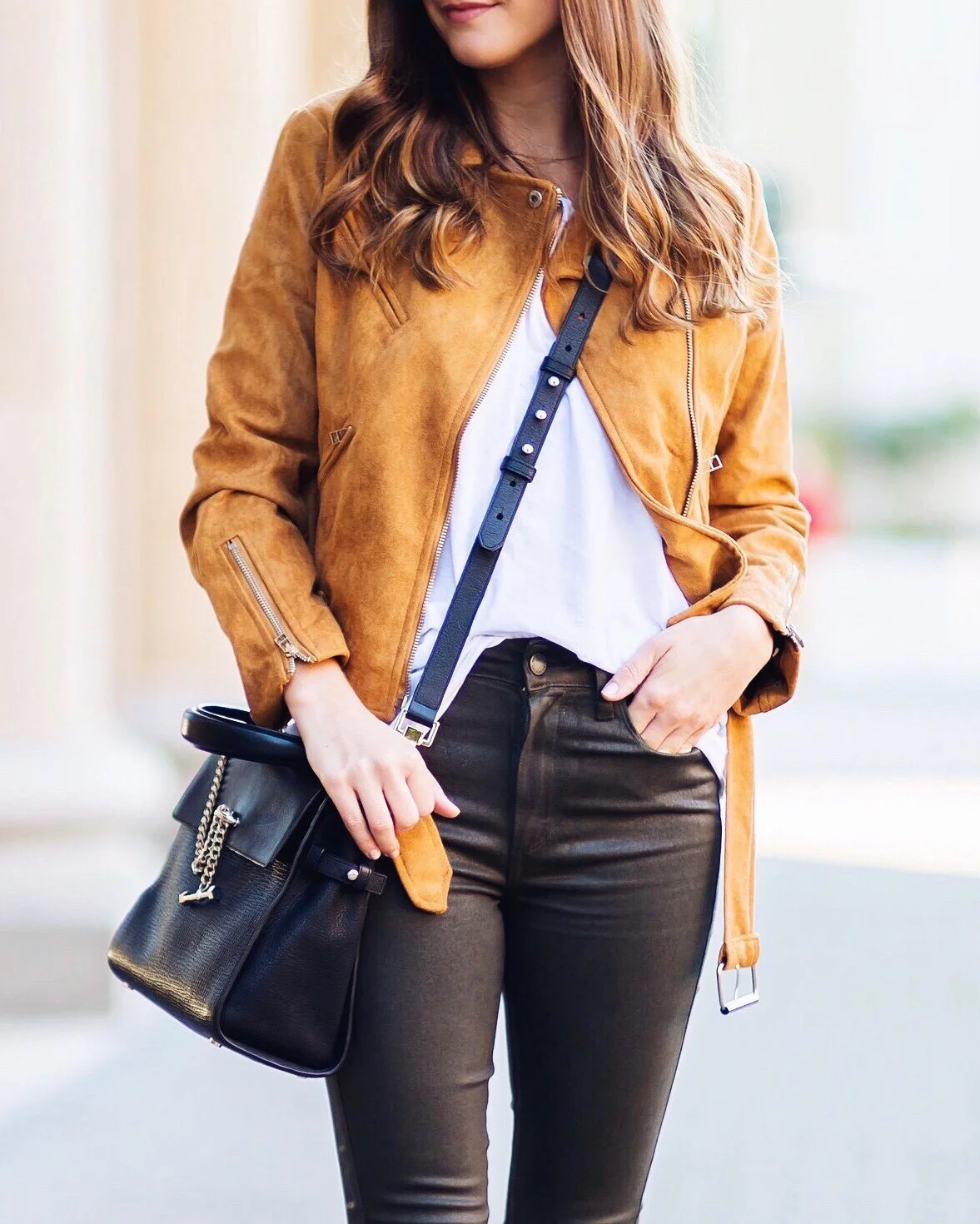 Shop the Look Below. Jacket: Shopbop . Tee: Urban Outfitters . Jeans: Paige —also here . Bag: Luana Italy c/o. Necklace: BaubleBar c/o. Watch: Daniel Wellington c/o. Shoes: Nike . Sunglasses: Ray-Ban . Photos by Baley Marie Photography