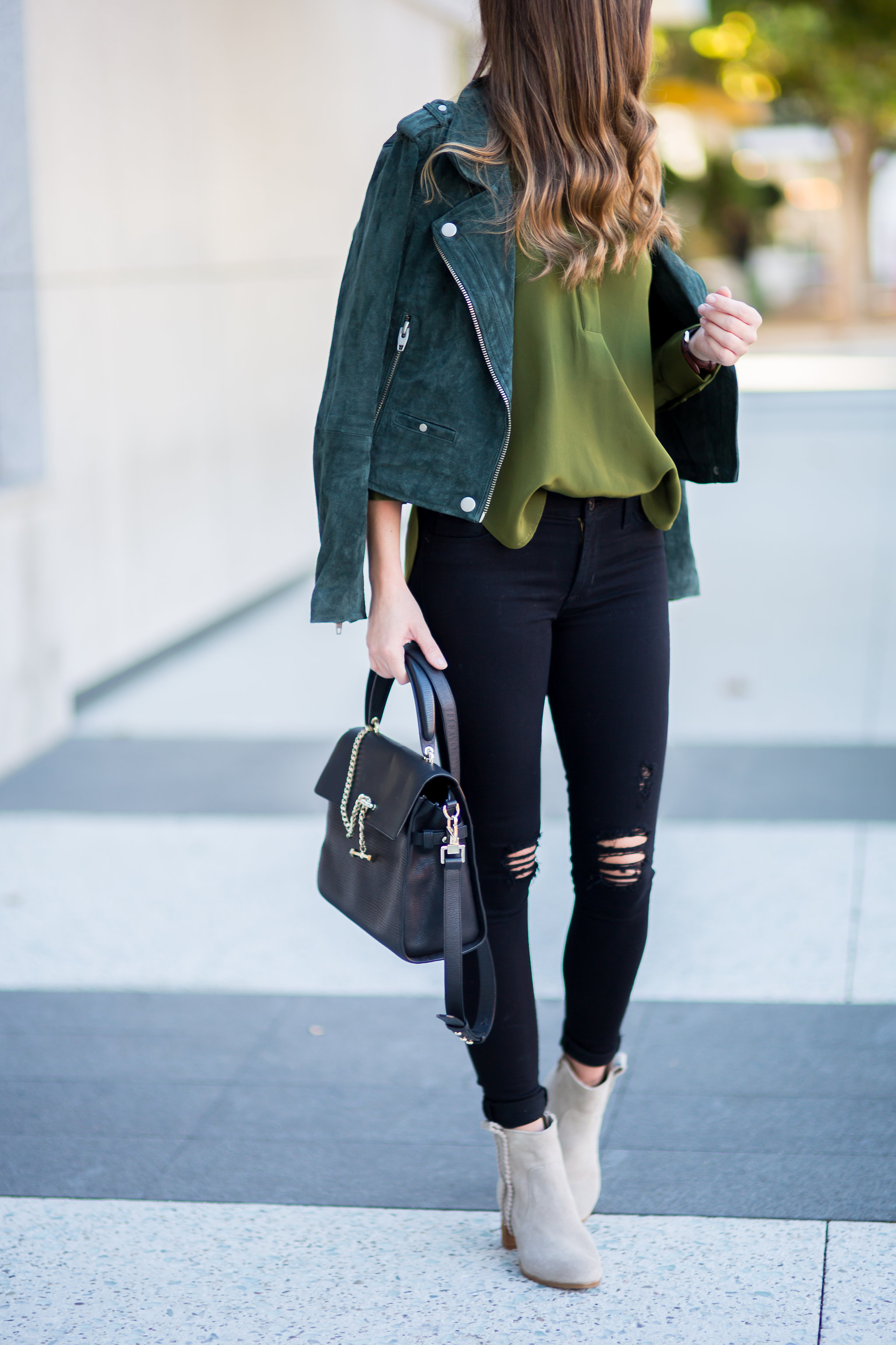 Olive Blouse and Black Distressed Skinnies — Girl Meets Gold
