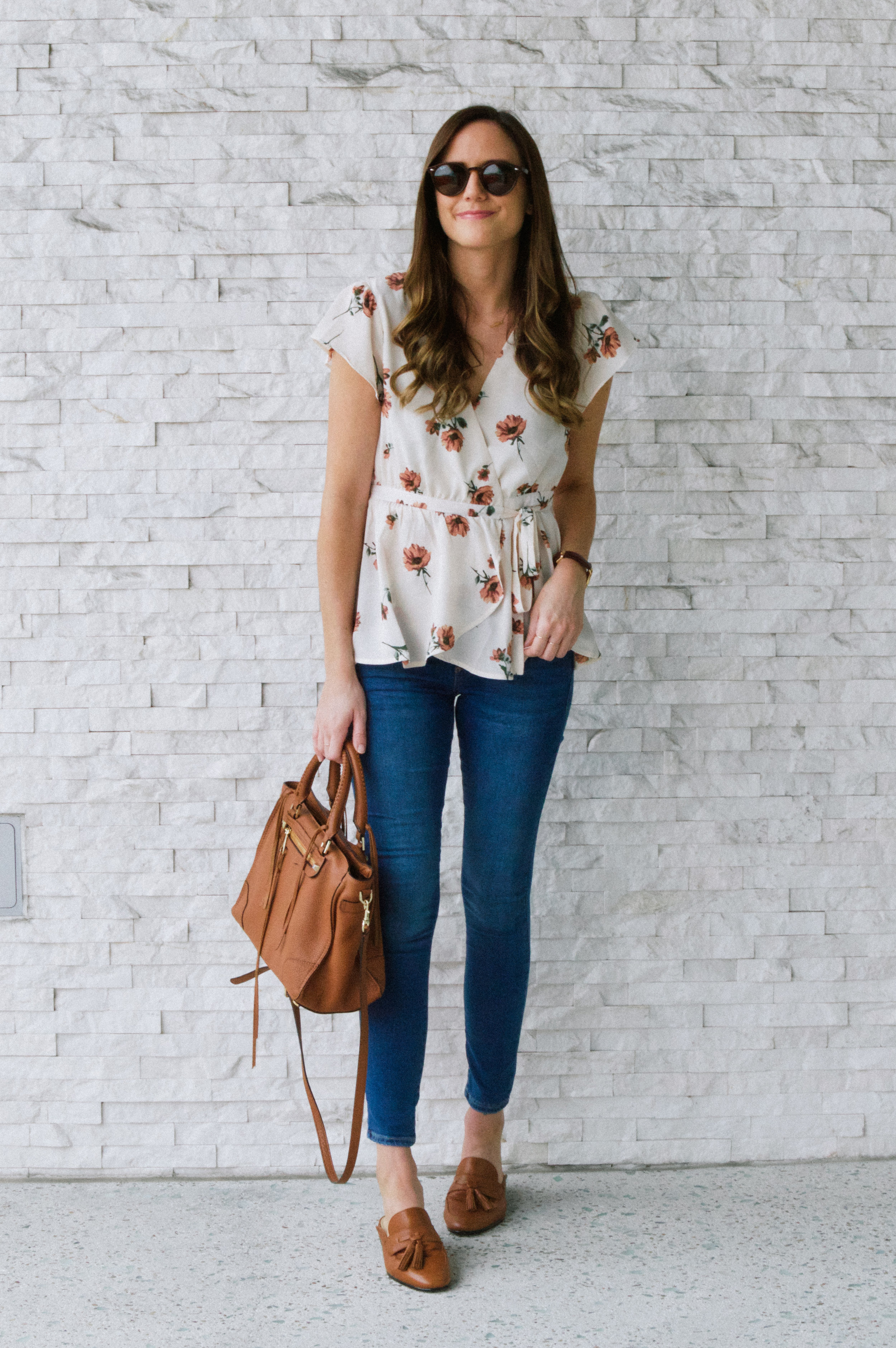 Cognac Loafers and Floral Wrap Top — Girl Meets Gold