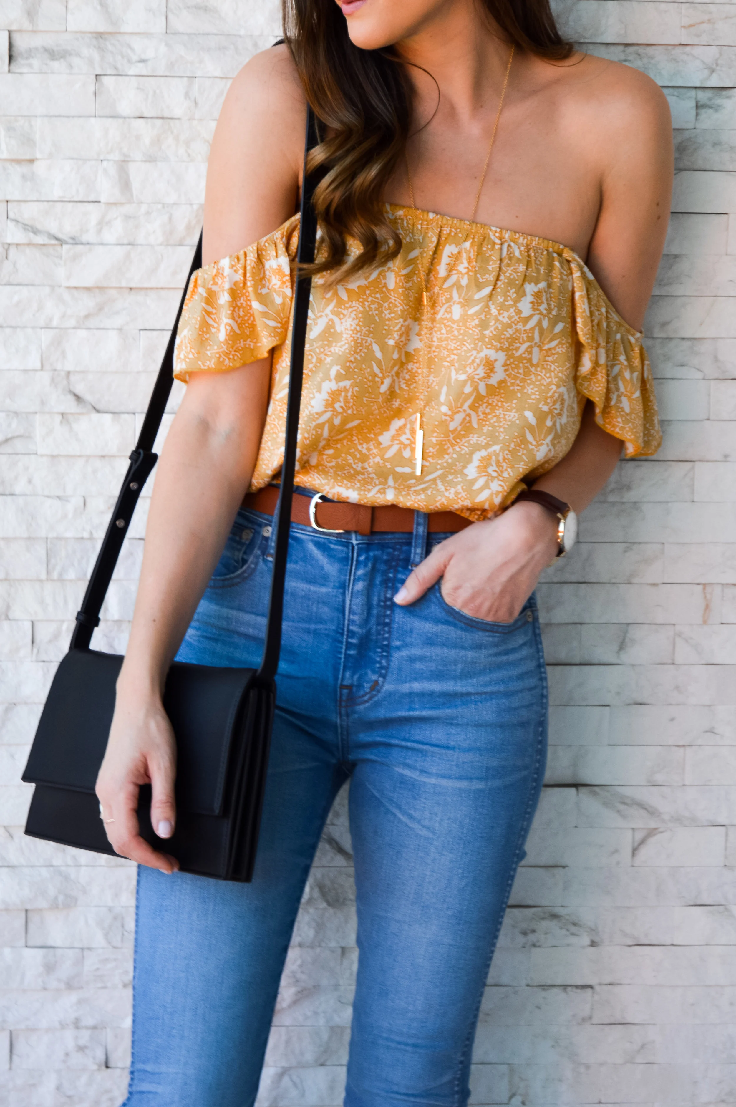 Boho print yellow off the shoulder top