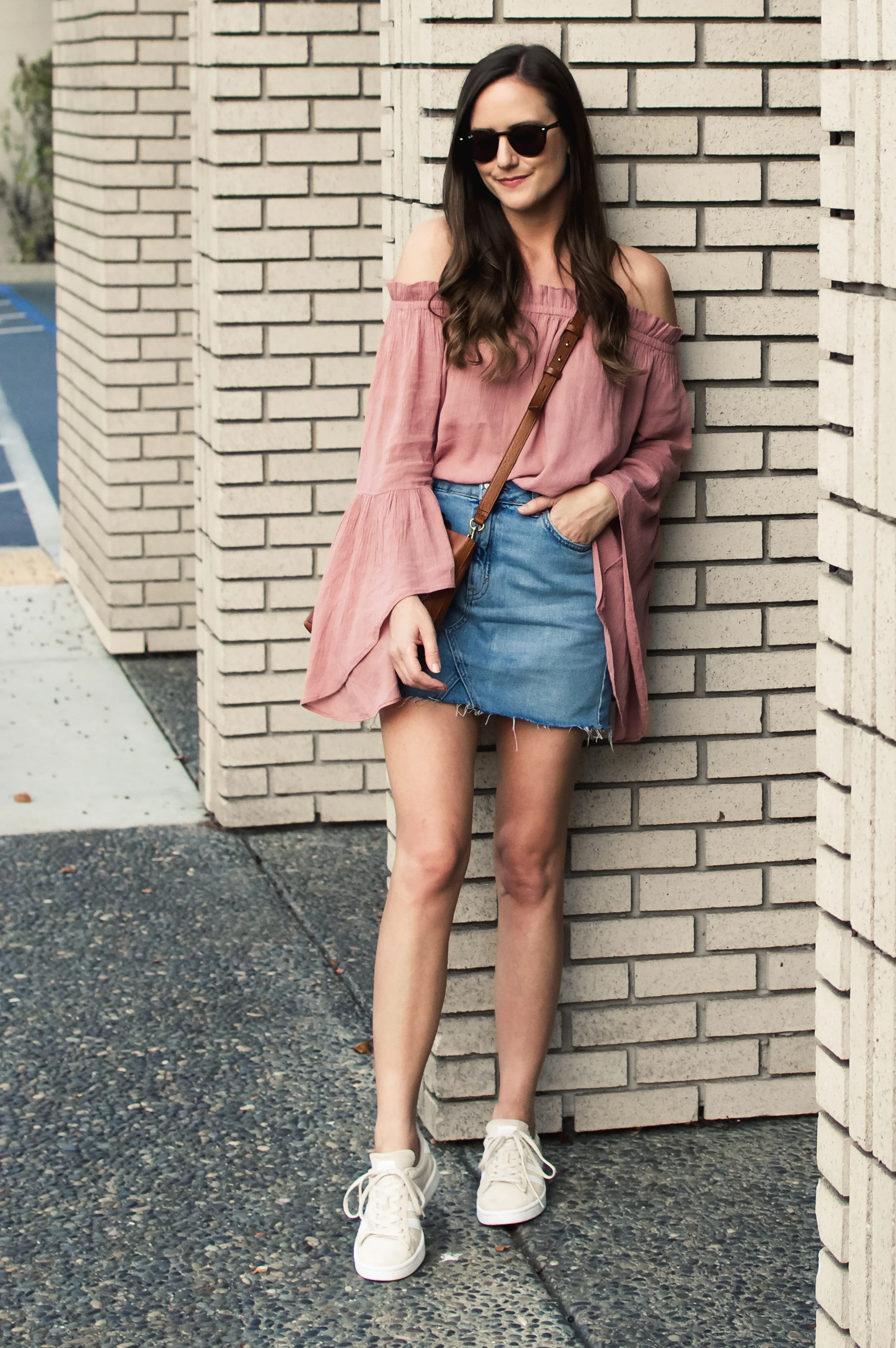 Shop the Look Below. Nordstrom Top | Topshop Skirt | Adidas Sneakers | Madewell Bag