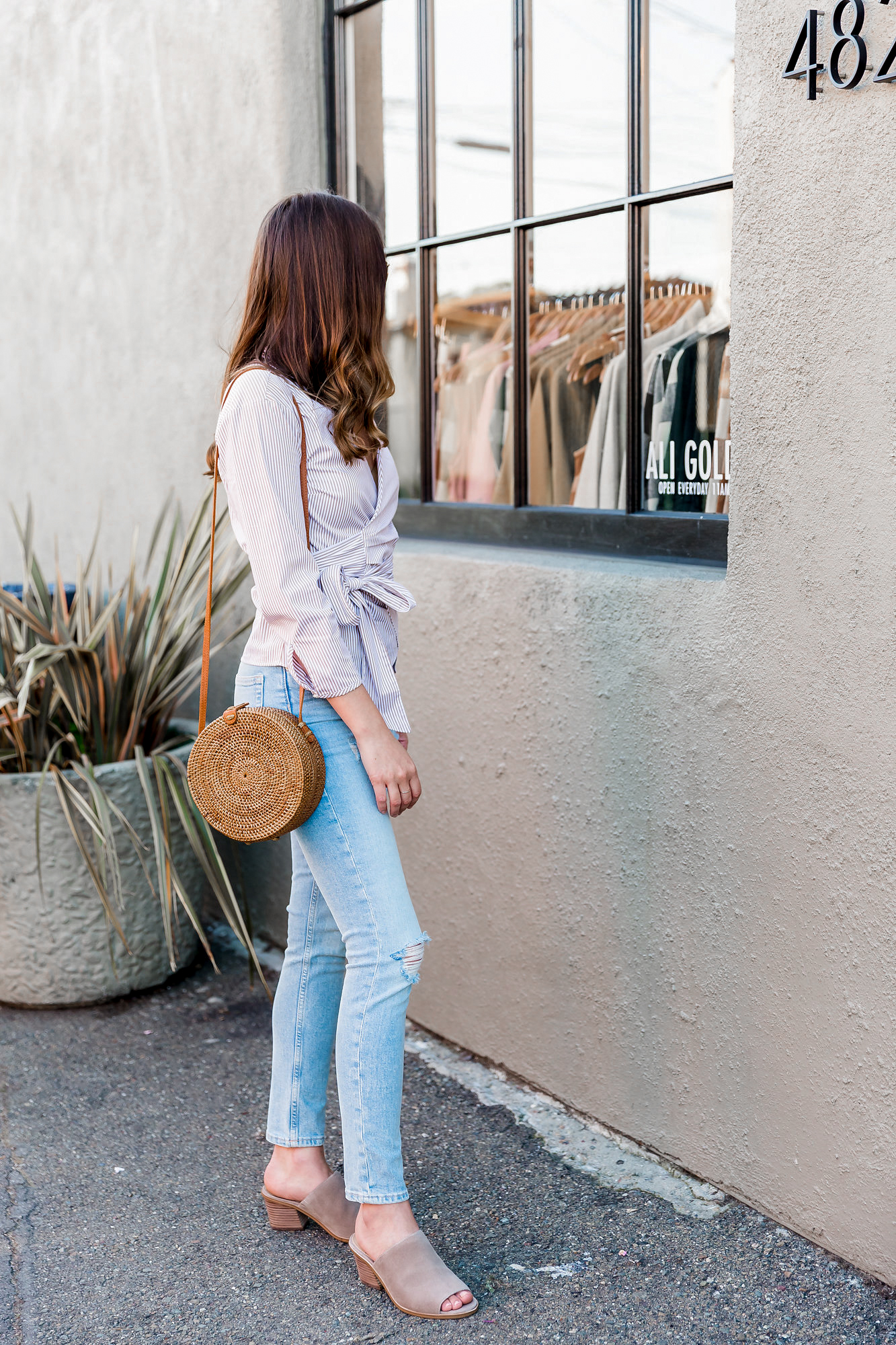 wrap top and jeans