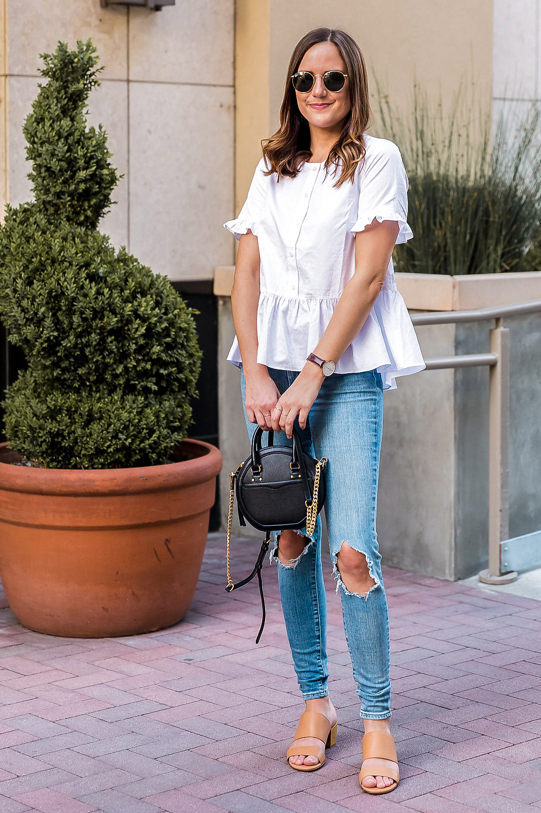 White Peplum Button-Down and Denim — Girl Meets Gold