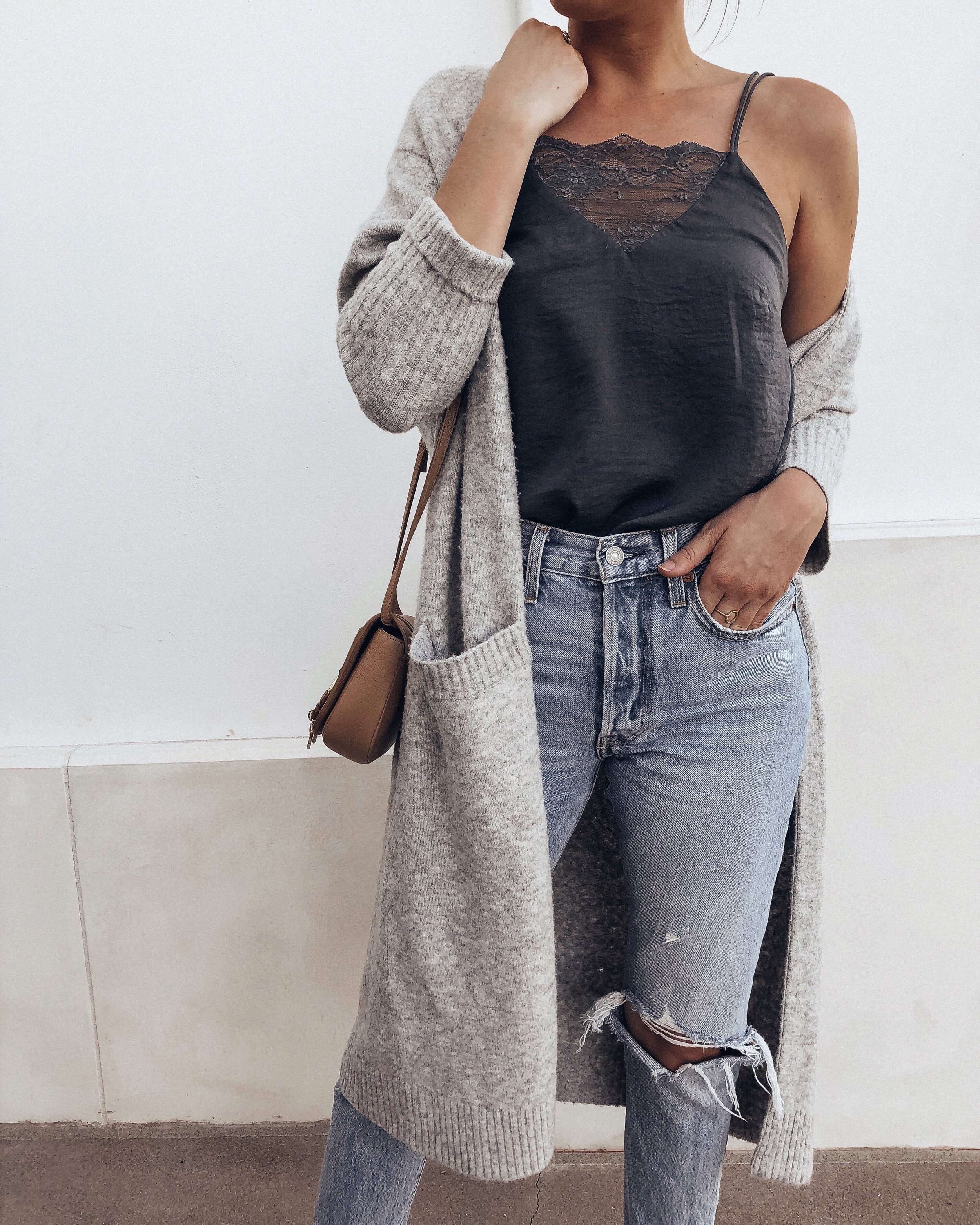 Navy Lace Cami and Grey Cardigan — Tyler Harless