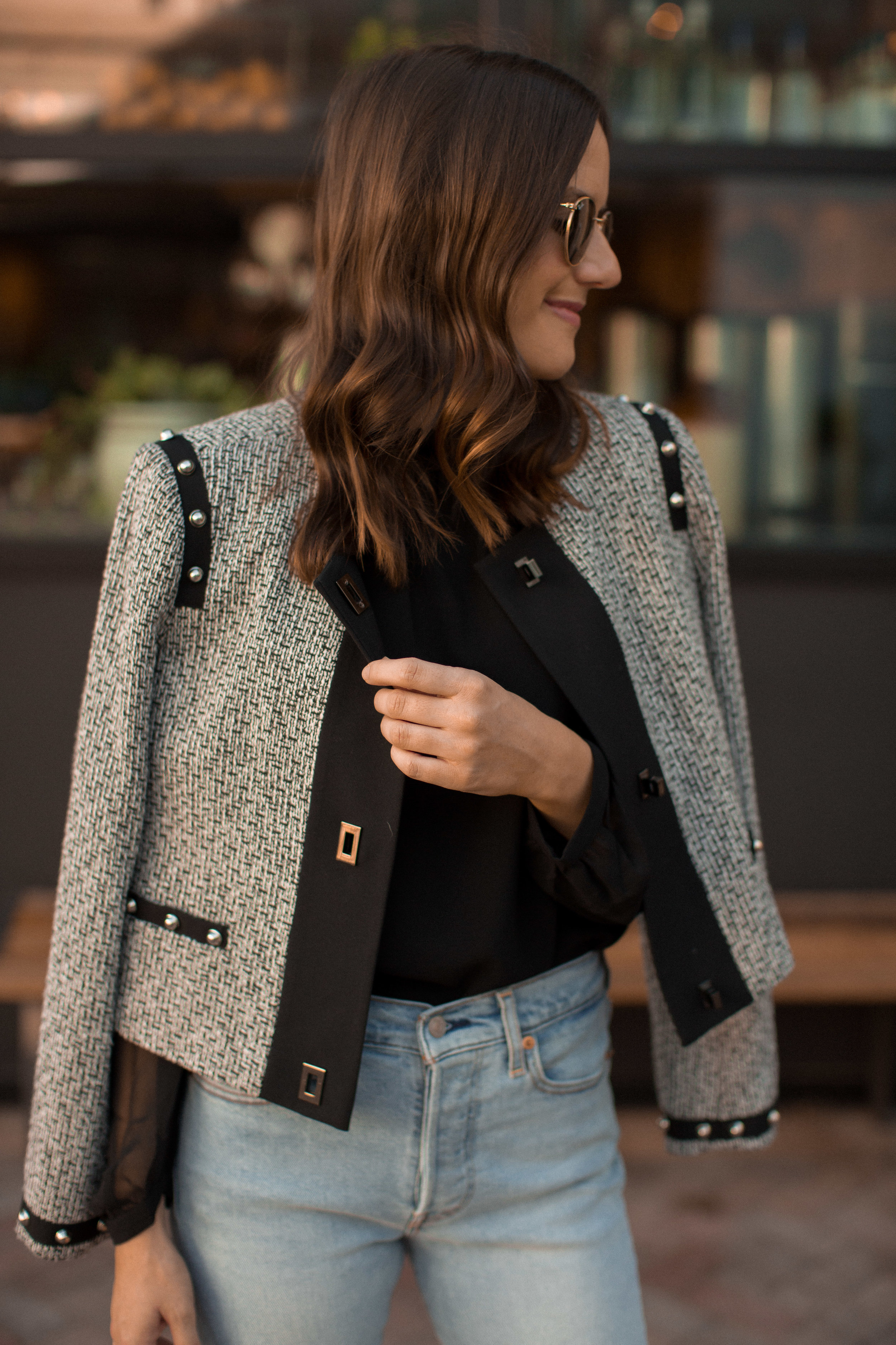 Work to Holiday Party | Black Lace Blouse and Tweed Jacket — Girl Meets Gold