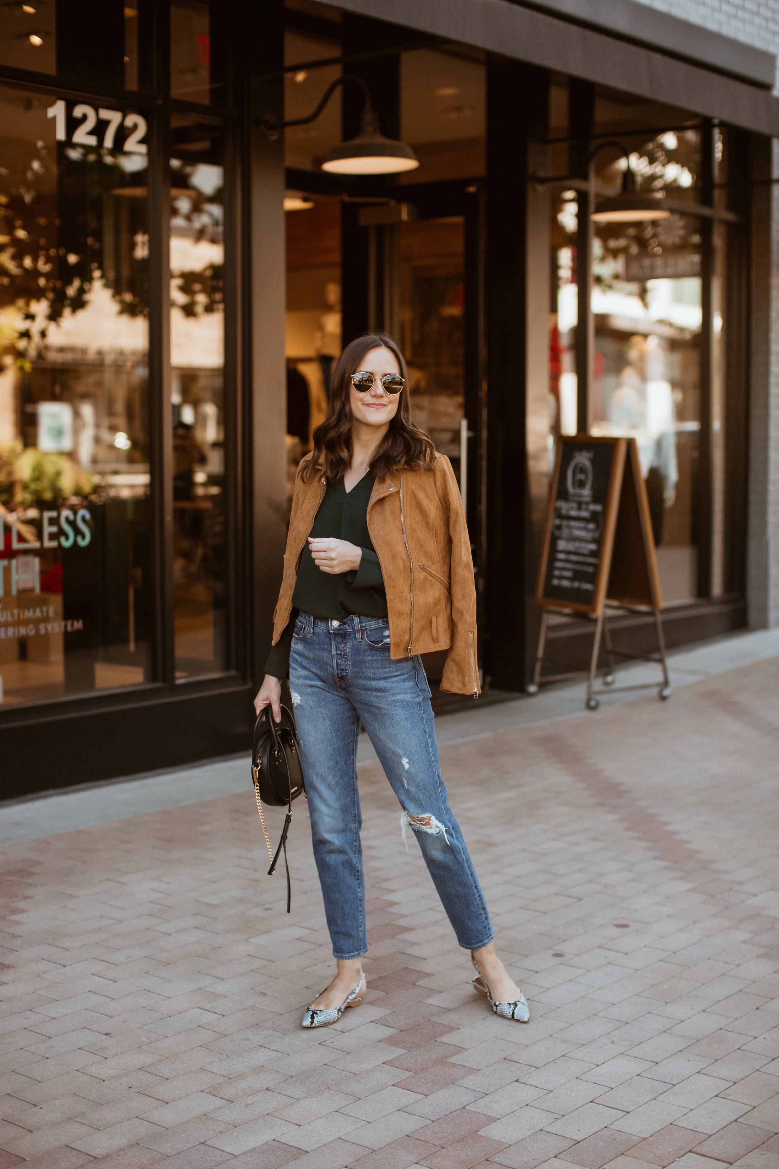 Tan Faux Suede Jacket and Dark Green Blouse — Girl Meets Gold