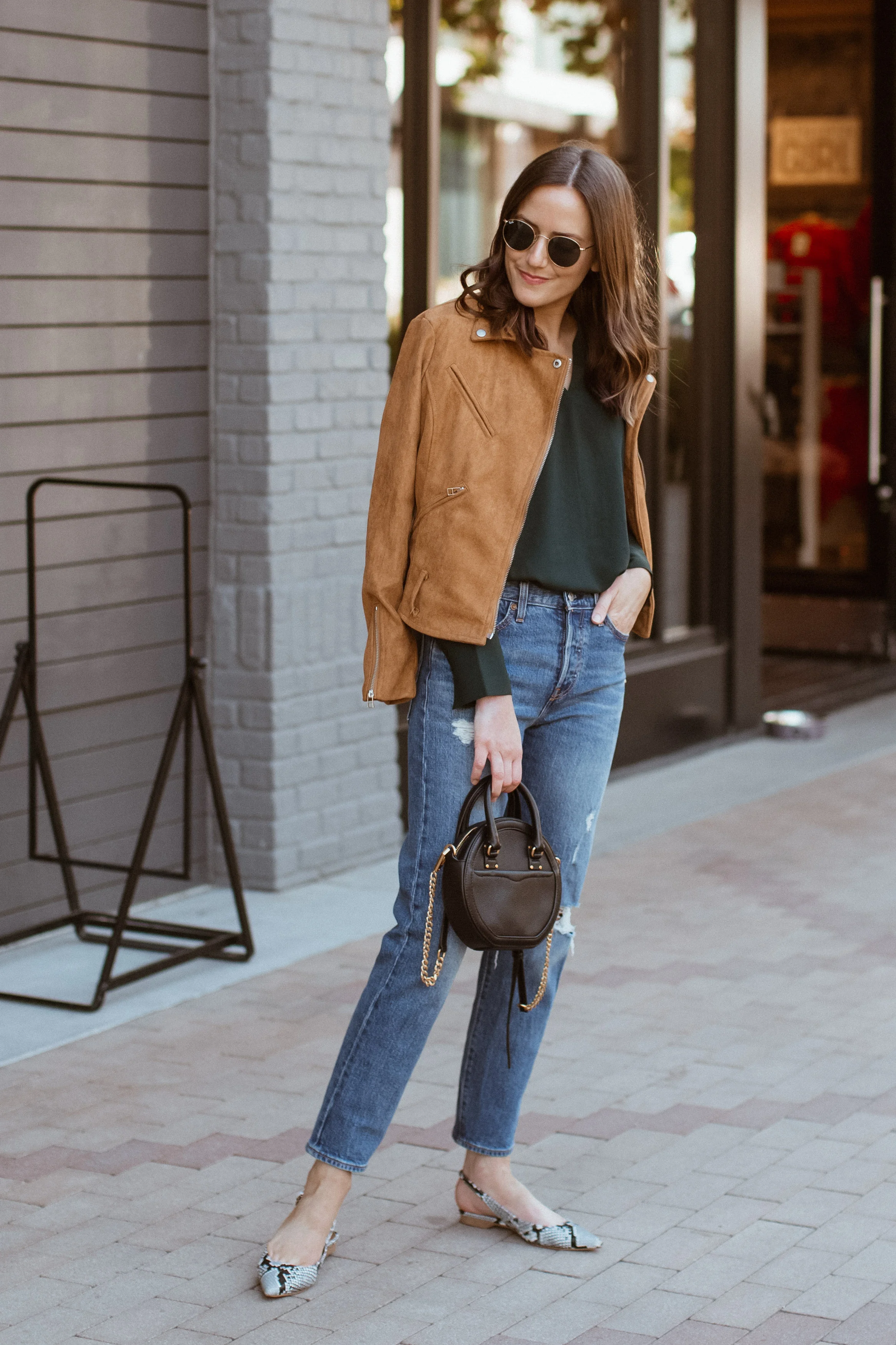 brown suede jacket womens outfit