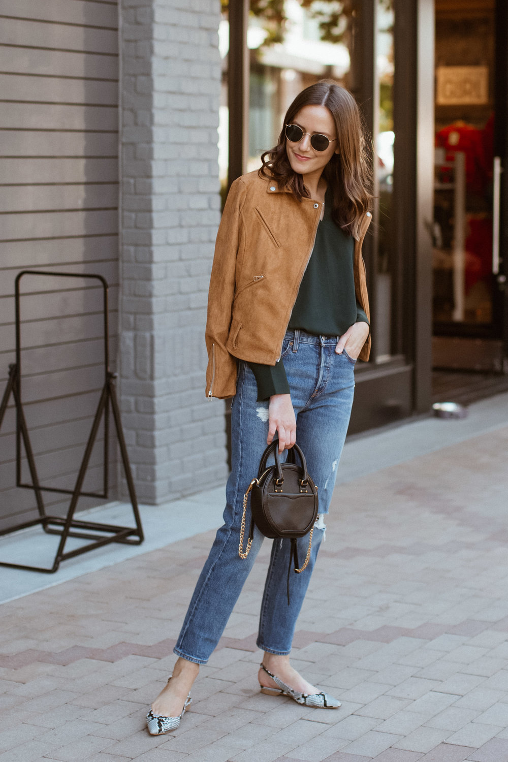 Tan Faux Suede Jacket and Dark Green Blouse — Girl Meets Gold