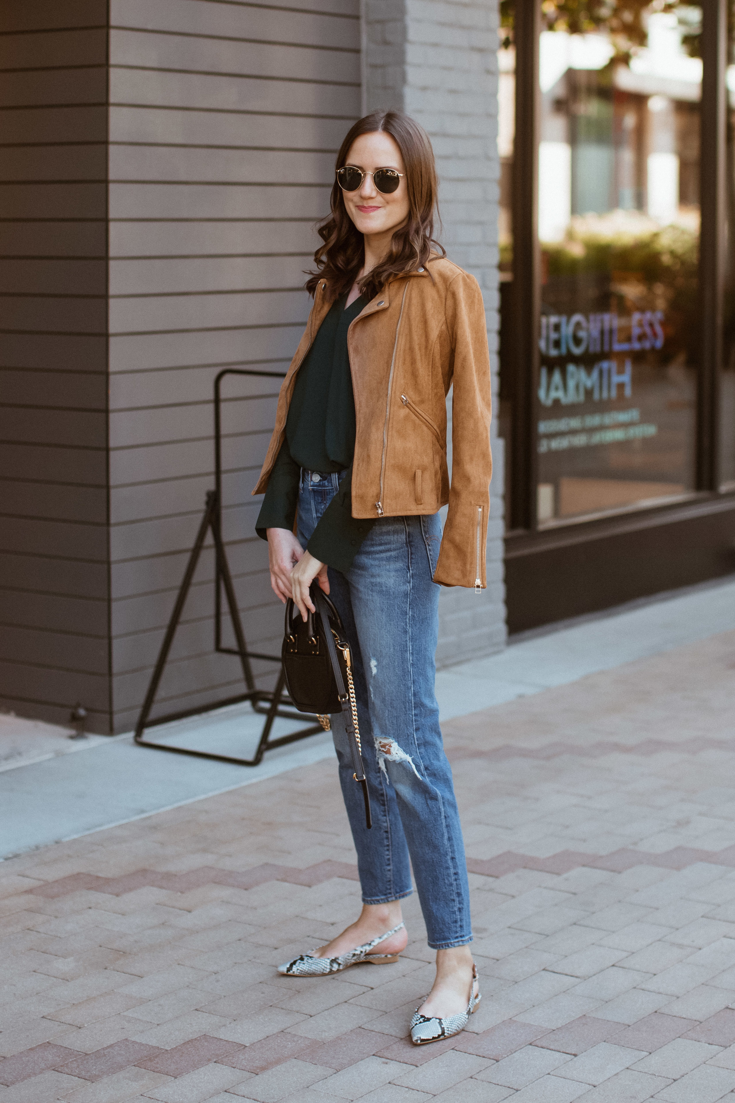 Tan Faux Suede Jacket and Dark Green Blouse — Girl Meets Gold