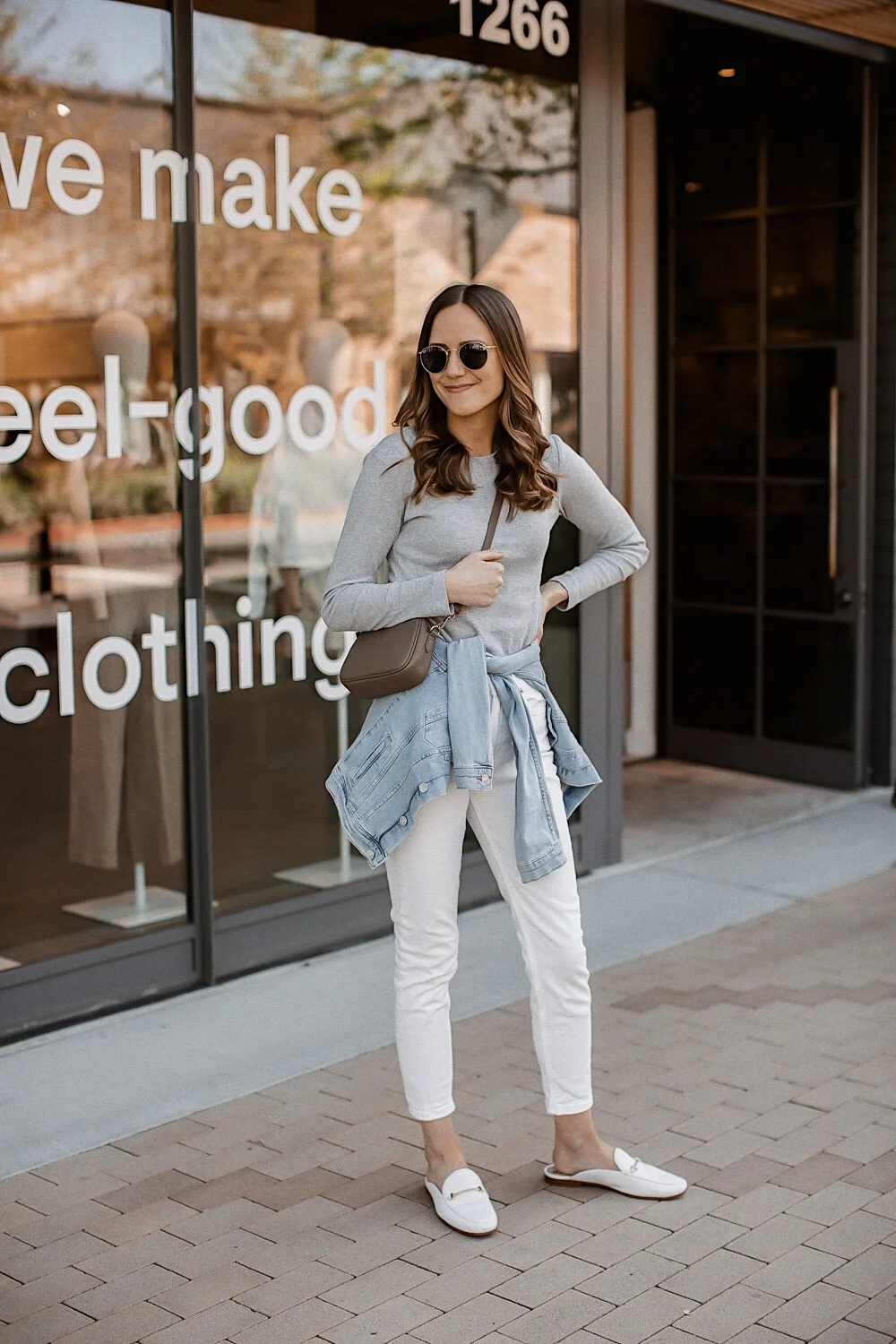 White Jeans with Grey Tee and Denim Jacket
