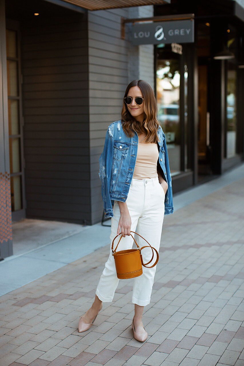 Nude Cami with White Pants and Denim 