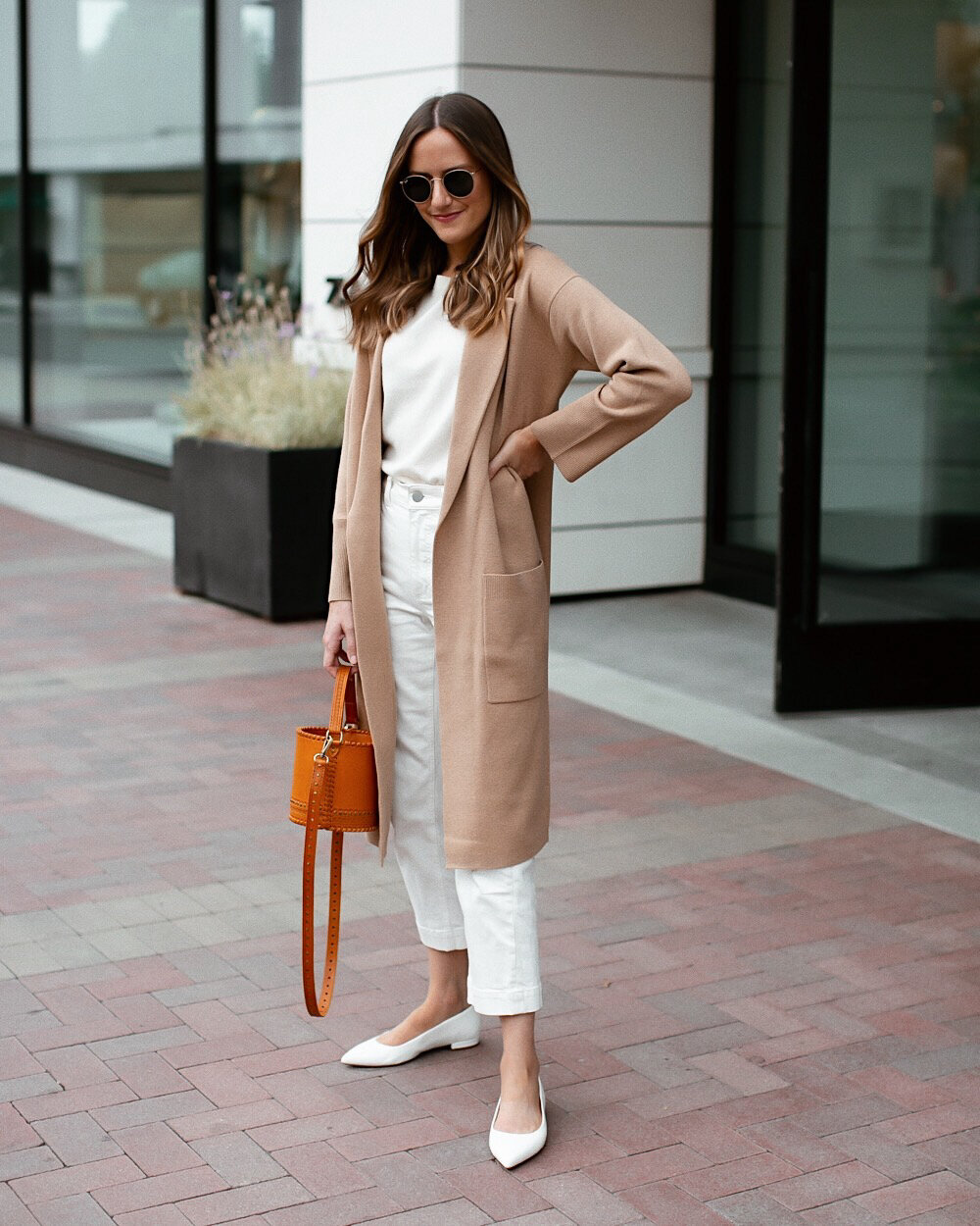 All-White Outfit with Camel Cardigan — Girl Meets Gold