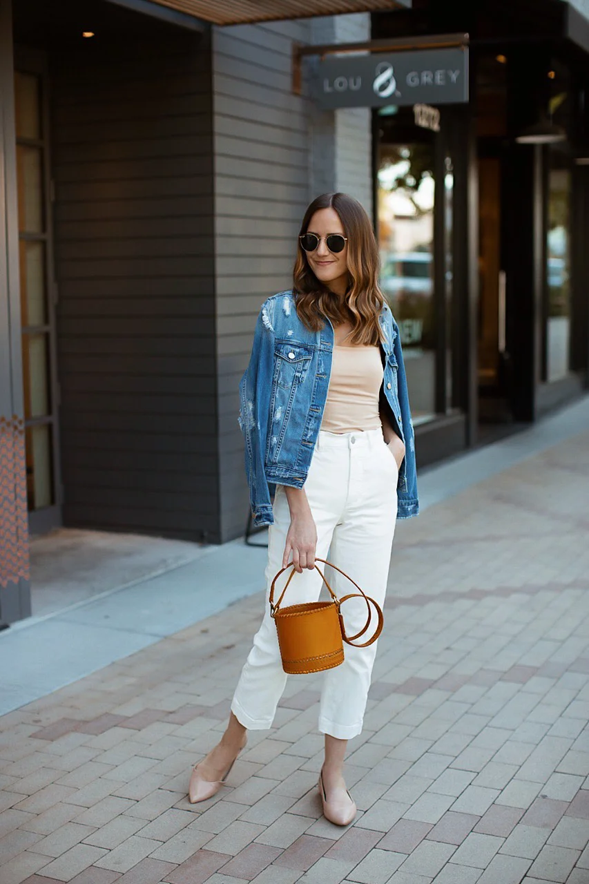 Nude Cami with White Pants and Denim Jacket