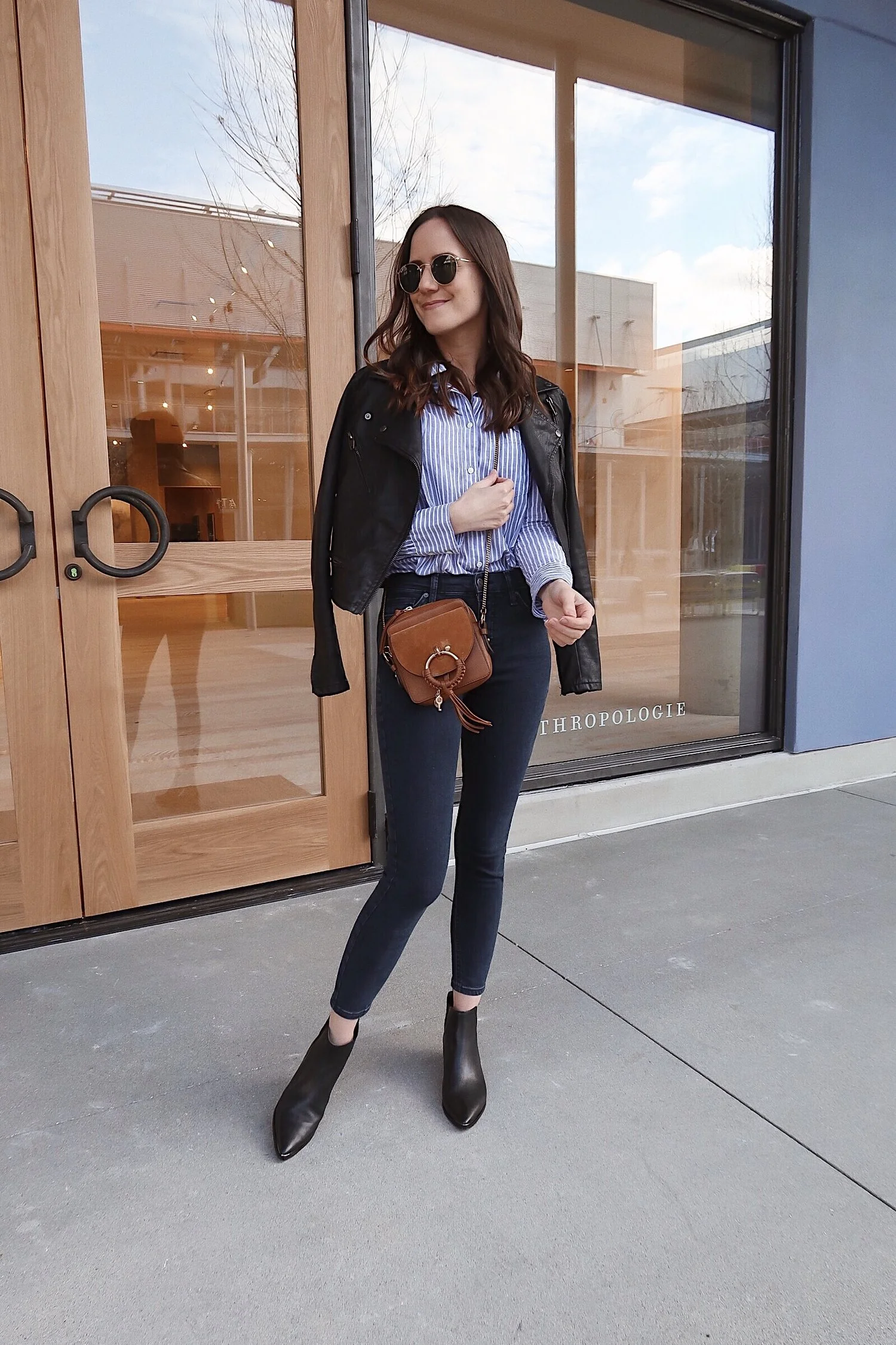 Striped Button Down with Moto Jacket