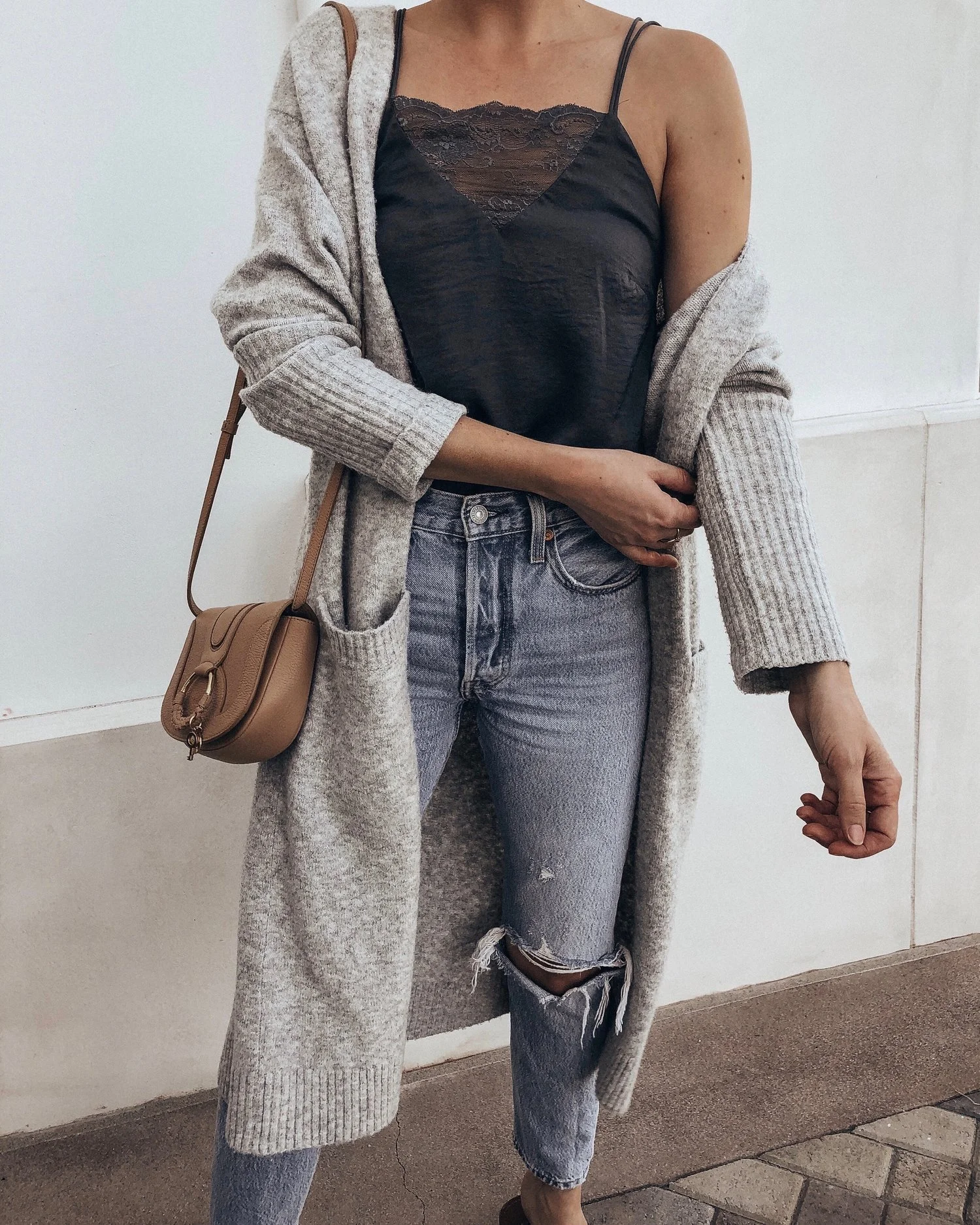 Navy Lace Cami and Grey Cardigan