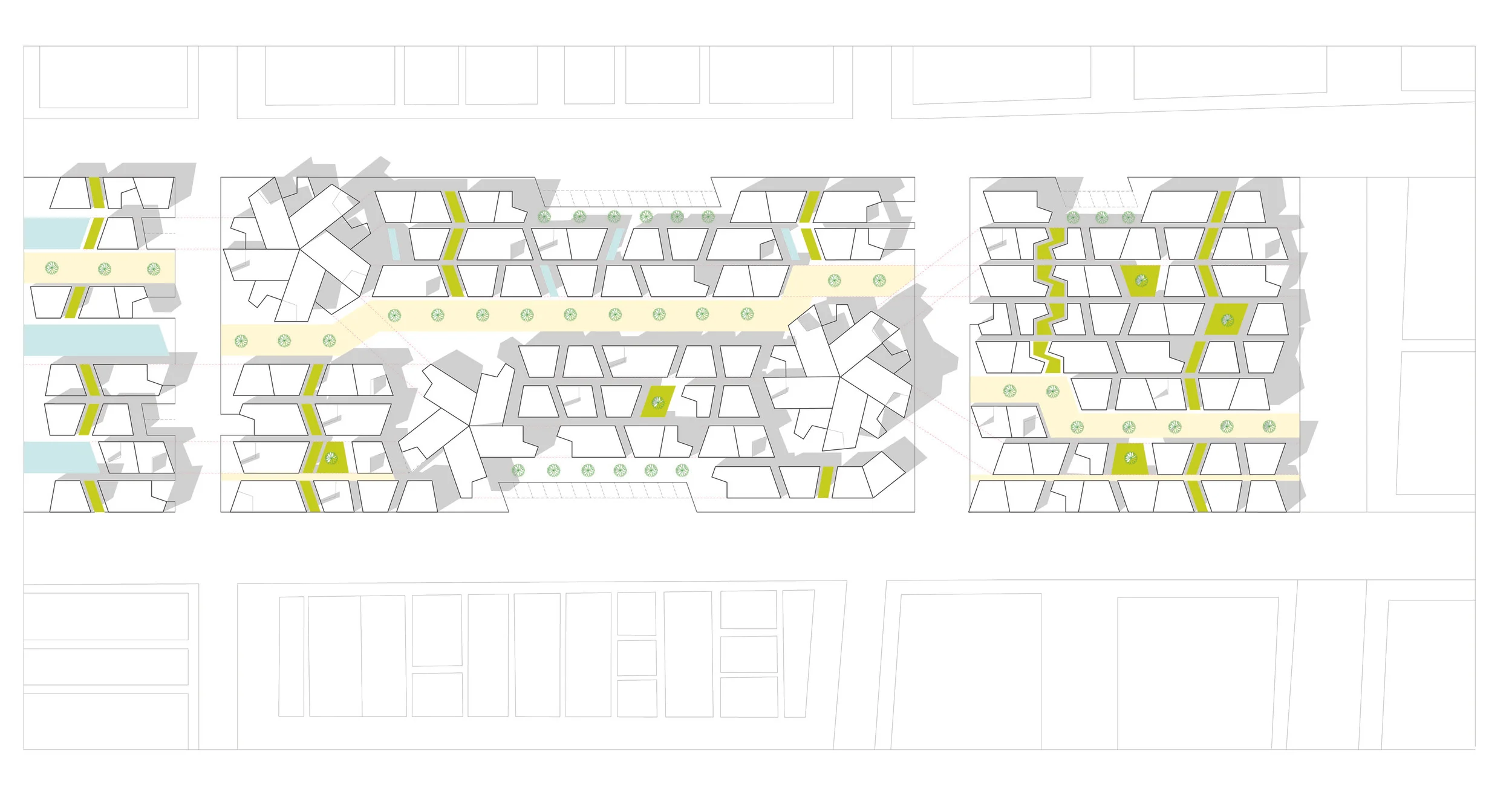 The site plan. The entire design is organized using a framework of basic spatial units of trapezoids and parallelograms to allow for adaptability. As a general rule, single units serve as as residential units, while assembled units serve as commercial spaces in order to To allow for adaptability of the design,