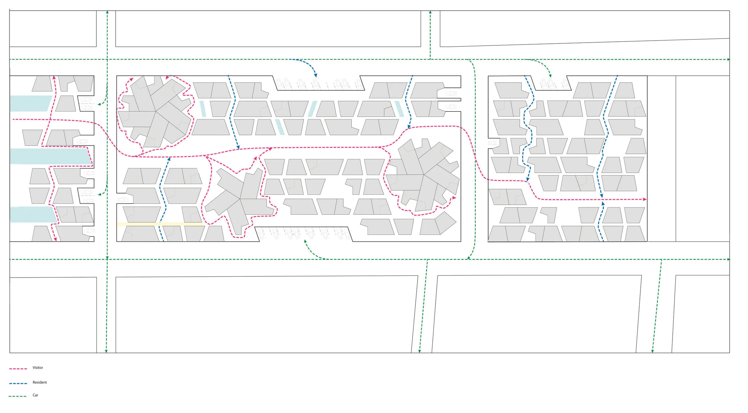 This is a mapping of the site circulation. To minimize incoming traffic as much as possible, residential and commercial parking lots are situated along the edge of the site. The cars' circulation are highlighted in blue. Public visitors, shown in pink, will be able to travel to and from the reservoirs - a Venice landmark - along the main public pathway. Finally, private residents, in blue, will be able to flow more freely and privately through the small alleyways between homes.