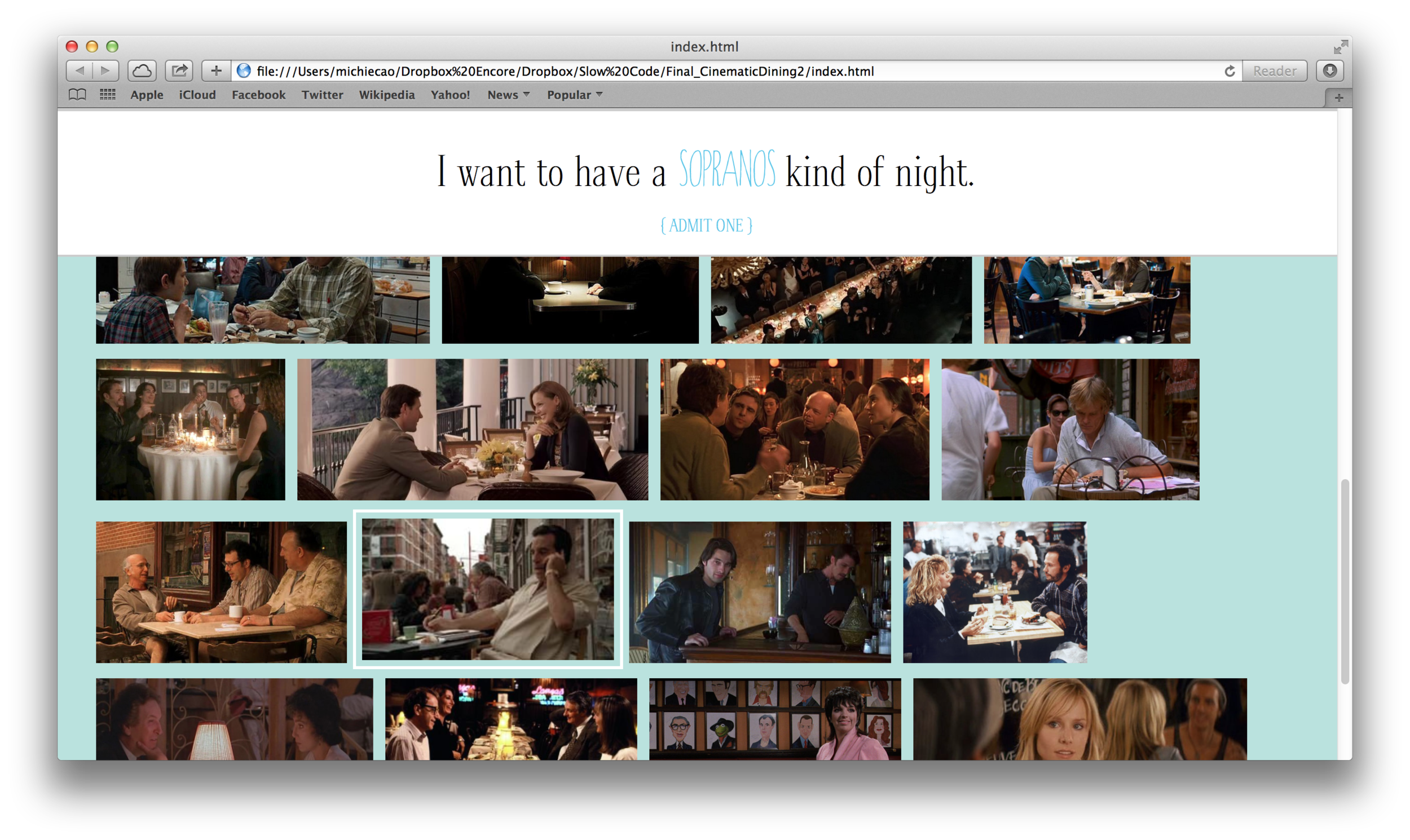 Clicking on an image will reveal the name of the movie and the type of night they are likely to have. A link to that dining location's info page will also show up.