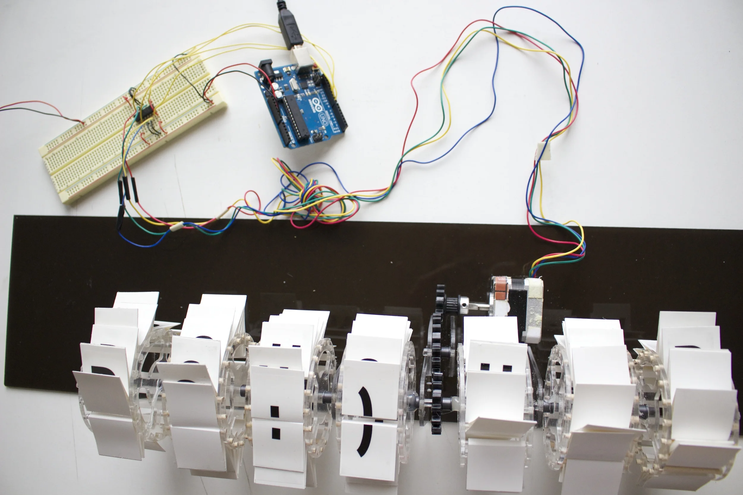 In our most refined prototype, the Ticker's 7 wheels are all powered by a servo motor and an Arduino.