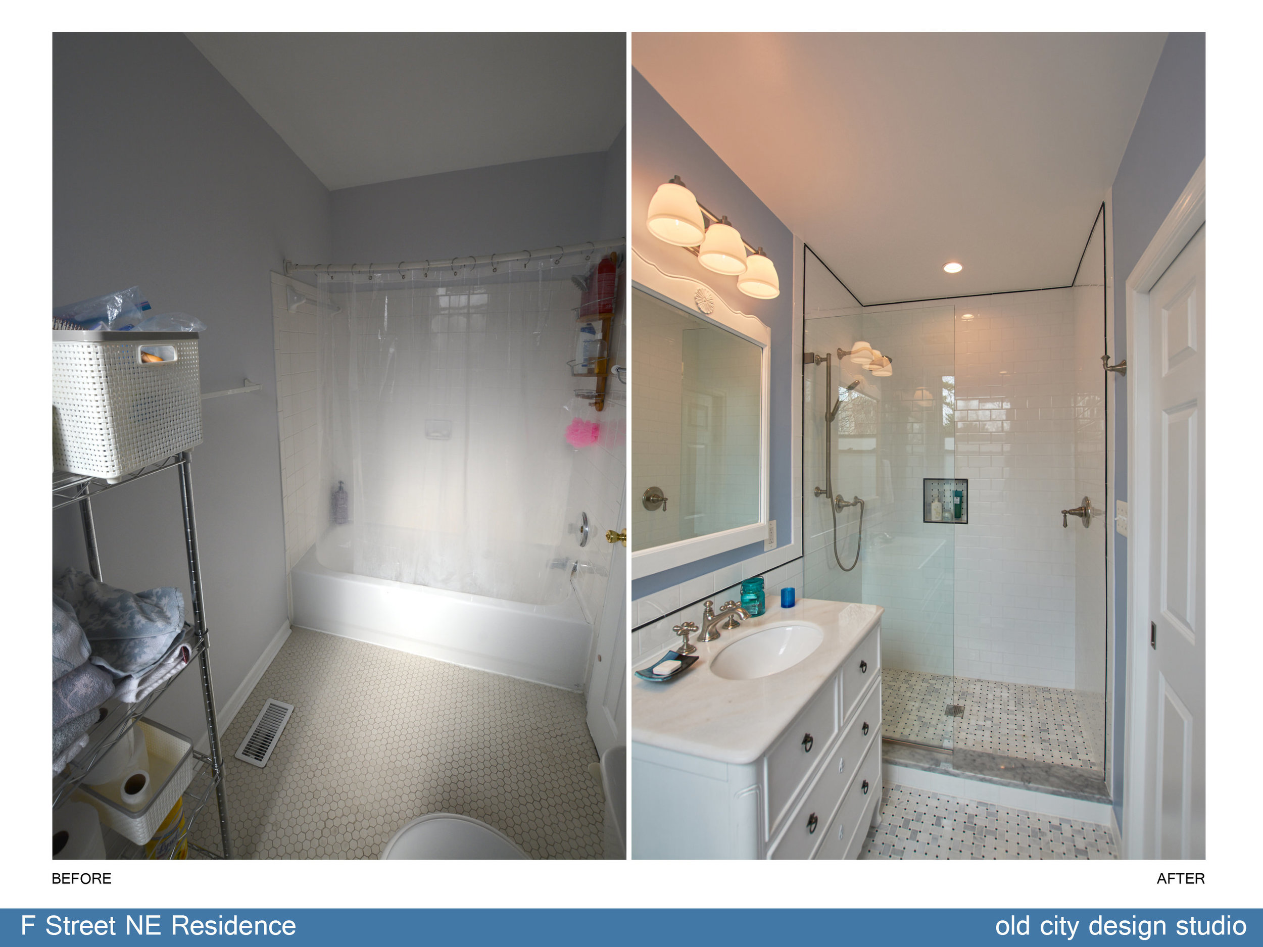 The homeowners hired old city design studio to spruce up their existing master bathroom without touching the layout. But the existing bathroom only allowed for a small pedestal sink crammed in the corner. Through a simple but thoughtful design process with the owner, we demonstrated that moving the plumbing to the opposite wall allowed for a large vanity without sacrificing floor space or breaking the budget.