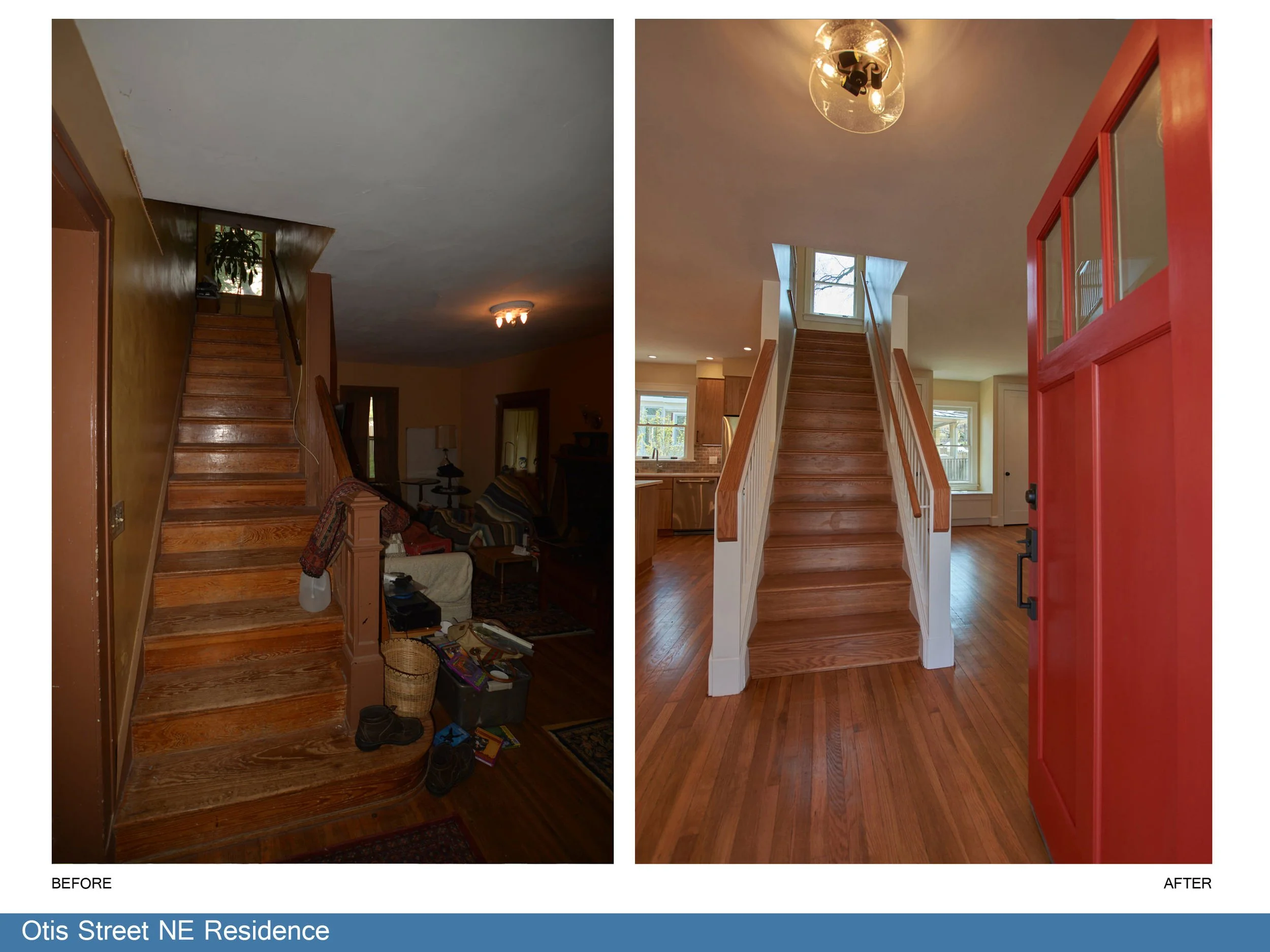The goal of the first floor of this whole home remodel was to open up the space to connect the rooms together visually. We at old city design studio accomplished this by removing a bearing wall, and redesigning the center stair to be a focal point