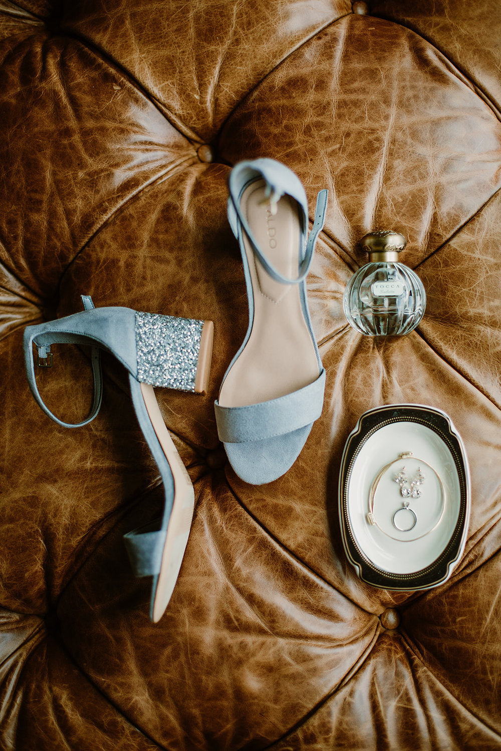  Light blue heels and bridal details. Bride and groom getting ready at the Phoenix Park Hotel, Washington D.C. Irish wedding with green and gold accents. Sarah Mattozzi Photography. 