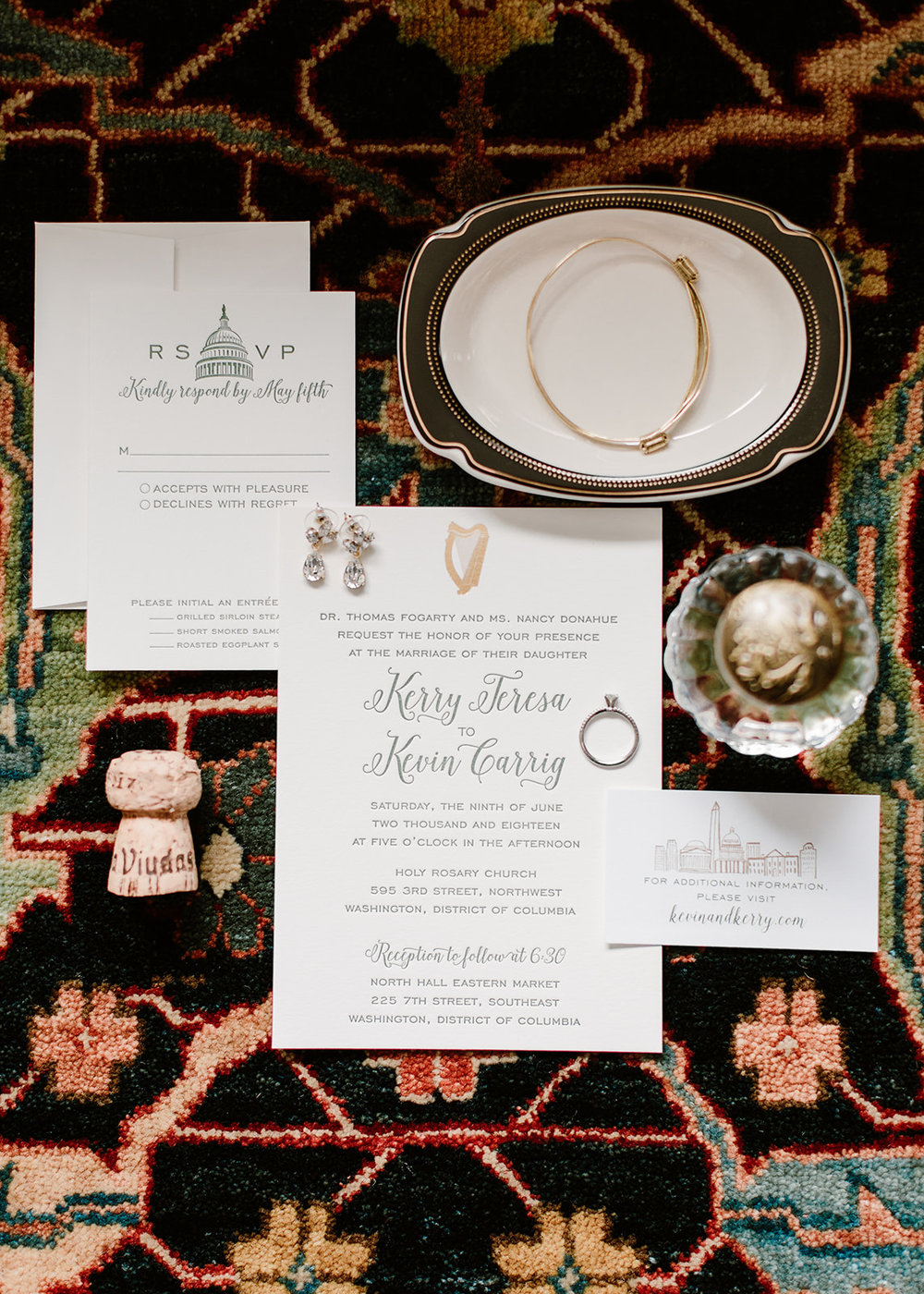  Bridal details and invitation suite stationery. Bride and groom getting ready at the Phoenix Park Hotel, Washington D.C. Irish wedding with green and gold accents. Sarah Mattozzi Photography. 