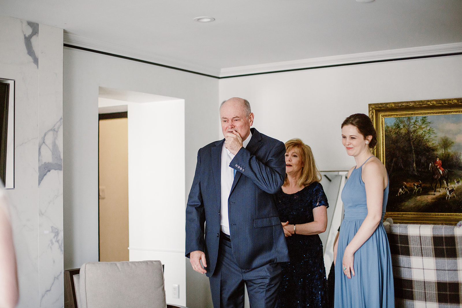  First look with father of the bride. Bride and groom getting ready at the Phoenix Park Hotel, Washington D.C. Irish wedding with green and gold accents. Sarah Mattozzi Photography. 