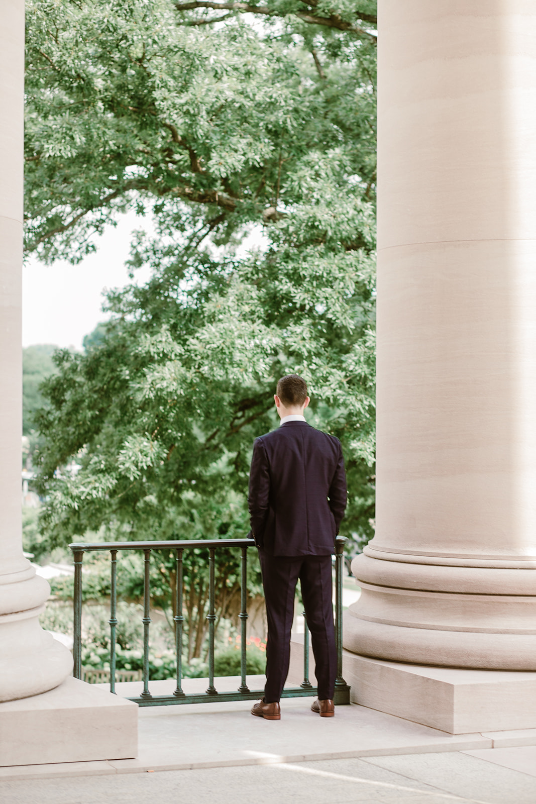  Bride and groom first look at the National Gallery of Art Museum, Washington D.C. Irish wedding with green and gold accents. Sarah Mattozzi Photography. 