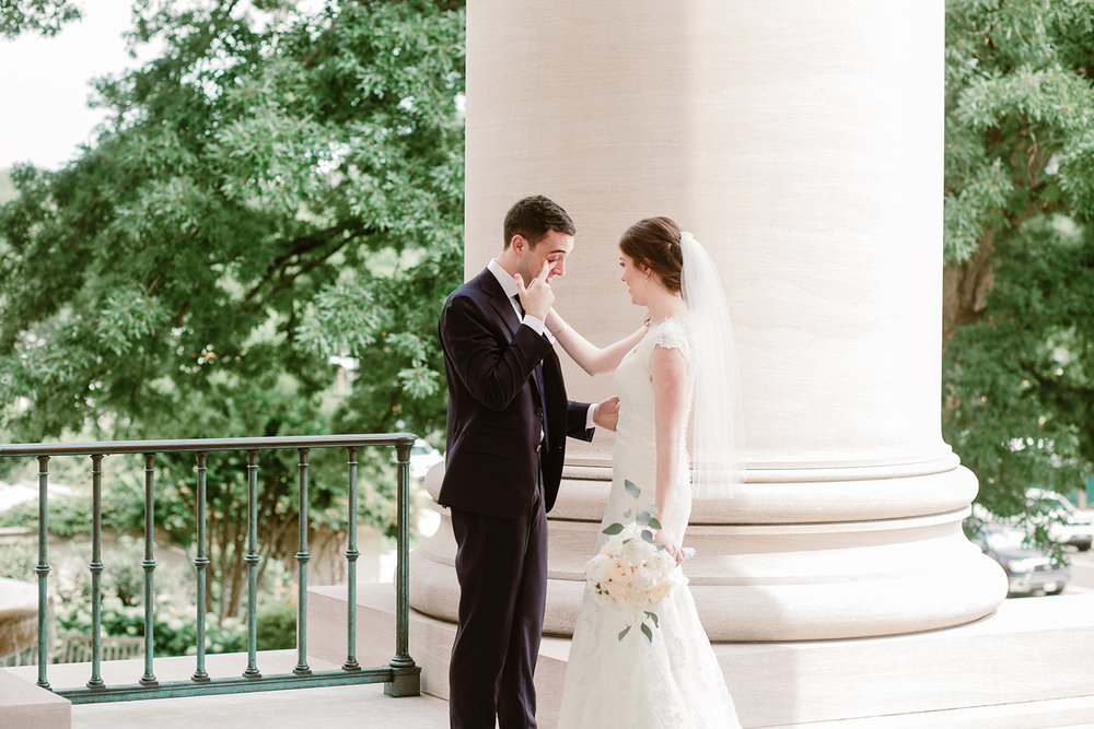  Bride and groom first look at the National Gallery of Art Museum, Washington D.C. Irish wedding with green and gold accents. Sarah Mattozzi Photography. 