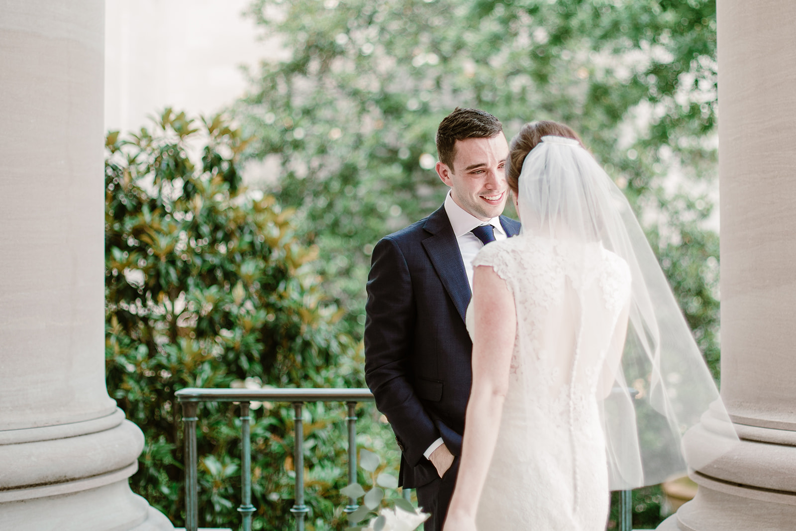  Bride and groom first look at the National Gallery of Art Museum, Washington D.C. Irish wedding with green and gold accents. Sarah Mattozzi Photography. 