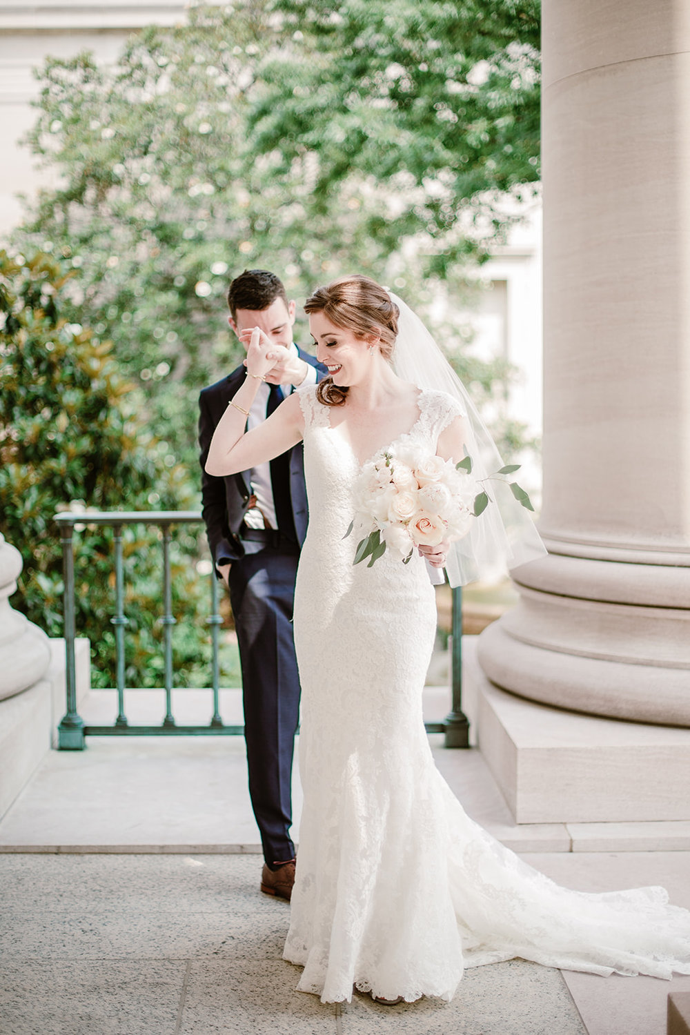  Bride and groom first look at the National Gallery of Art Museum, Washington D.C. Irish wedding with green and gold accents. Sarah Mattozzi Photography. 