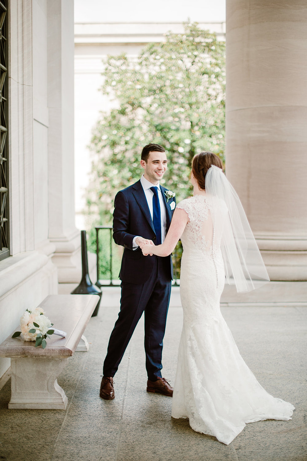  Bride and groom first look at the National Gallery of Art Museum, Washington D.C. Irish wedding with green and gold accents. Sarah Mattozzi Photography. 